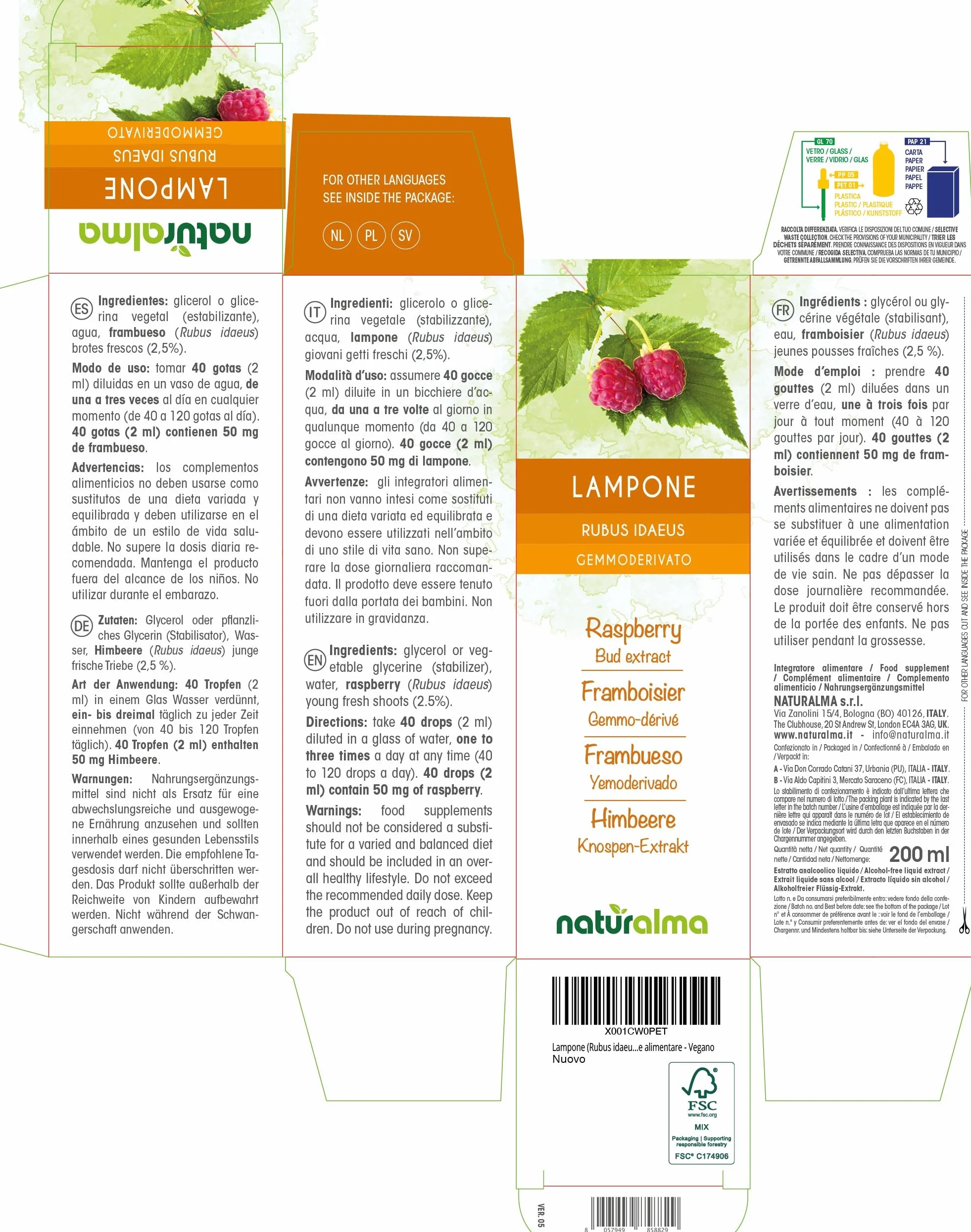 Malina (Rubus idaeus) Bezalkoholowy ekstrakt ze świeżych pączków Naturalma - Płynny ekstrakt w kroplach 200 ml - Suplement diety - Wegański
