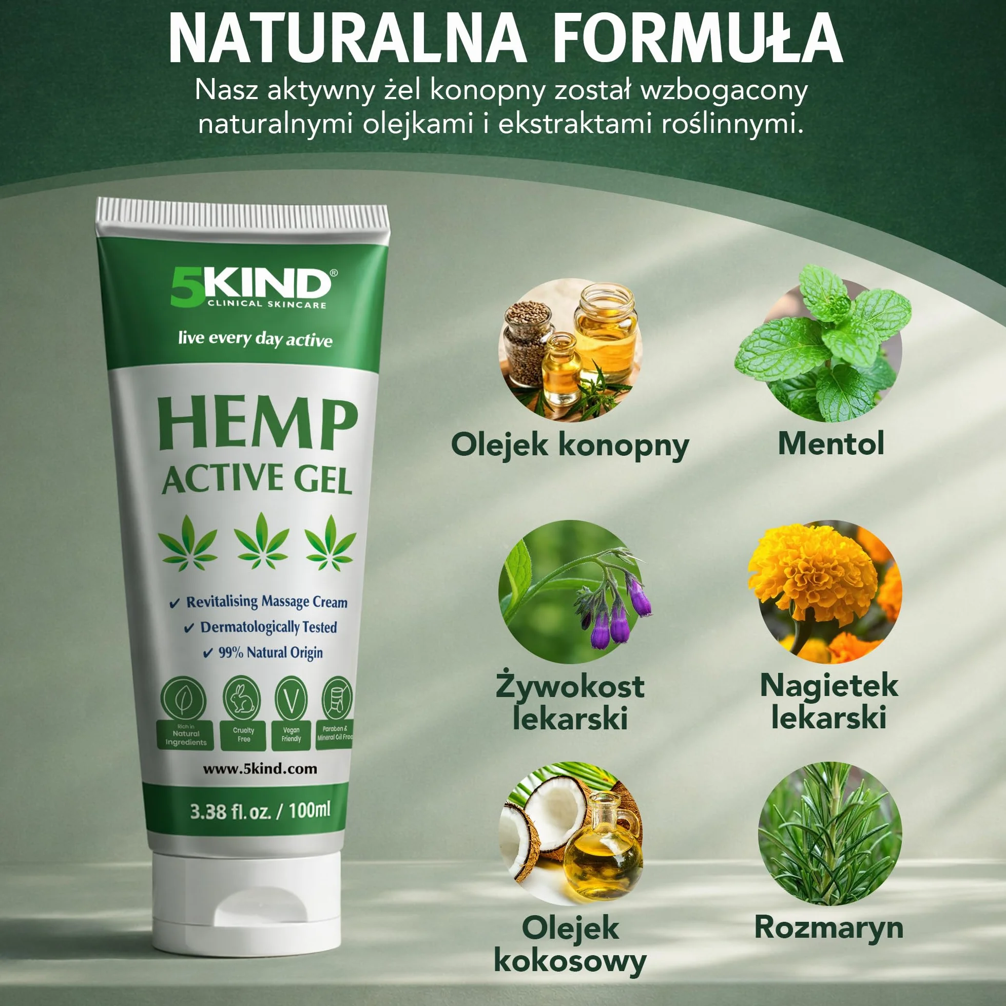 5kind uspokajający aktywny żel konopny do mięśni i stawów – bardzo skuteczna, uspokajająca formuła z olejkiem konopi i naturalnymi ekstraktami, uspokaja stopy, kolana, plecy, ramiona 100ml