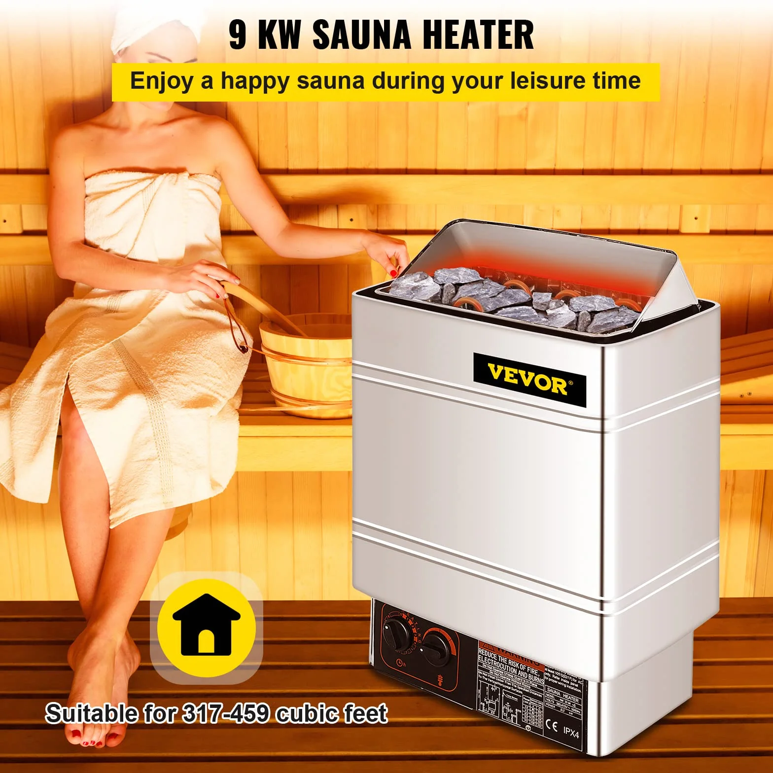 FlowerW Piec do sauny 9 kW, kuchenka elektryczna do sauny 380 V – 415 V, elektryczny piec do sauny, 2 tryby (temperatura, czas), z zewnętrznym urządzeniem sterującym i czujnikiem temperatury 3M