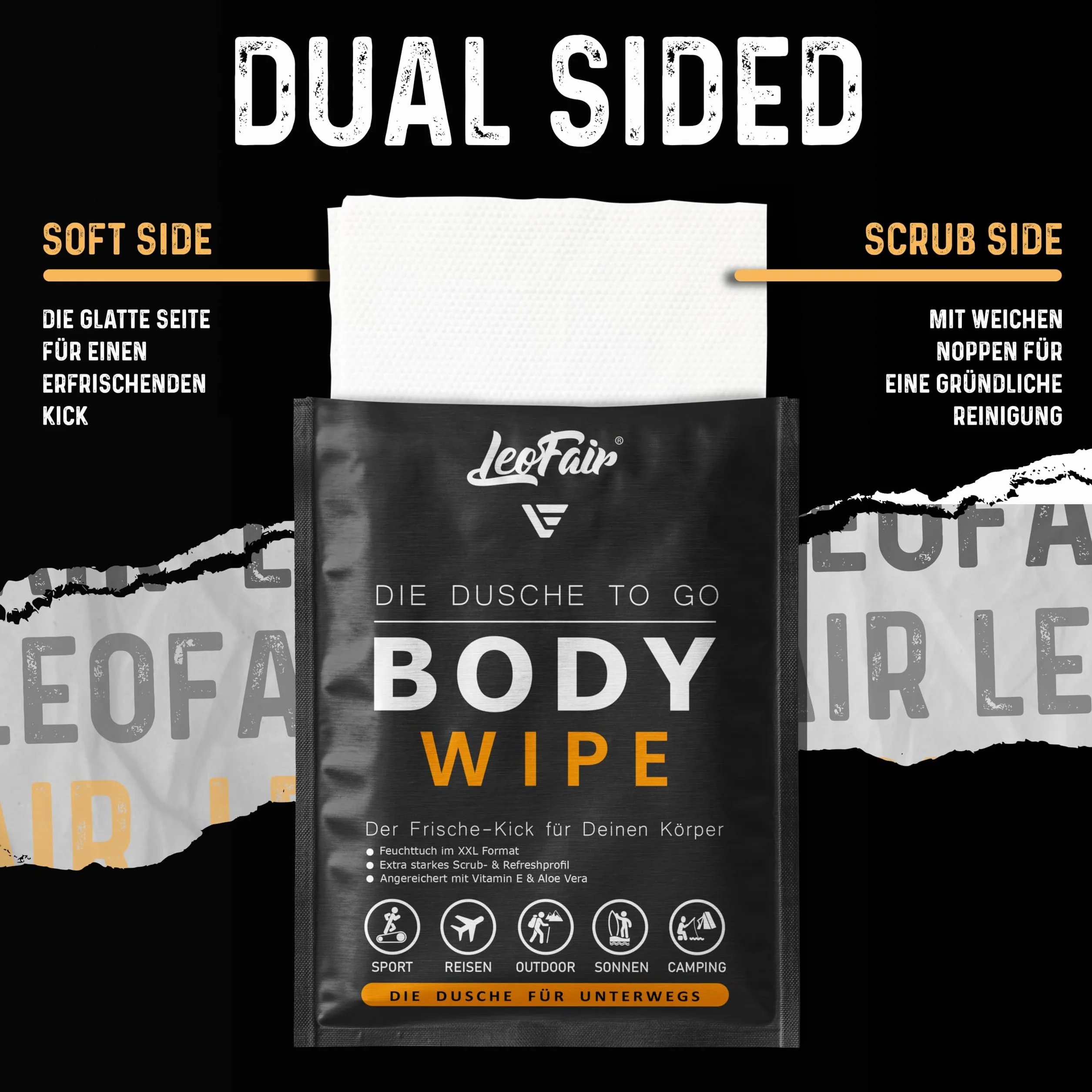 Body Wipes jednorazowe ściereczki XXL – wilgotne ściereczki do mycia w podróży, na kemping, festiwal i w podróży – 10 dużych chusteczek nawilżanych pakowanych pojedynczo do twarzy i ciała