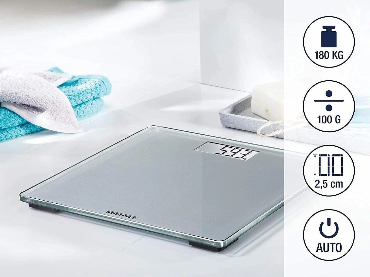 Soehnle Style Sense Compact 300, Kompaktowa Cyfrowa Waga Łazienkowa z Czytelnym Wyświetlaczem LCD, Bardzo Płaska