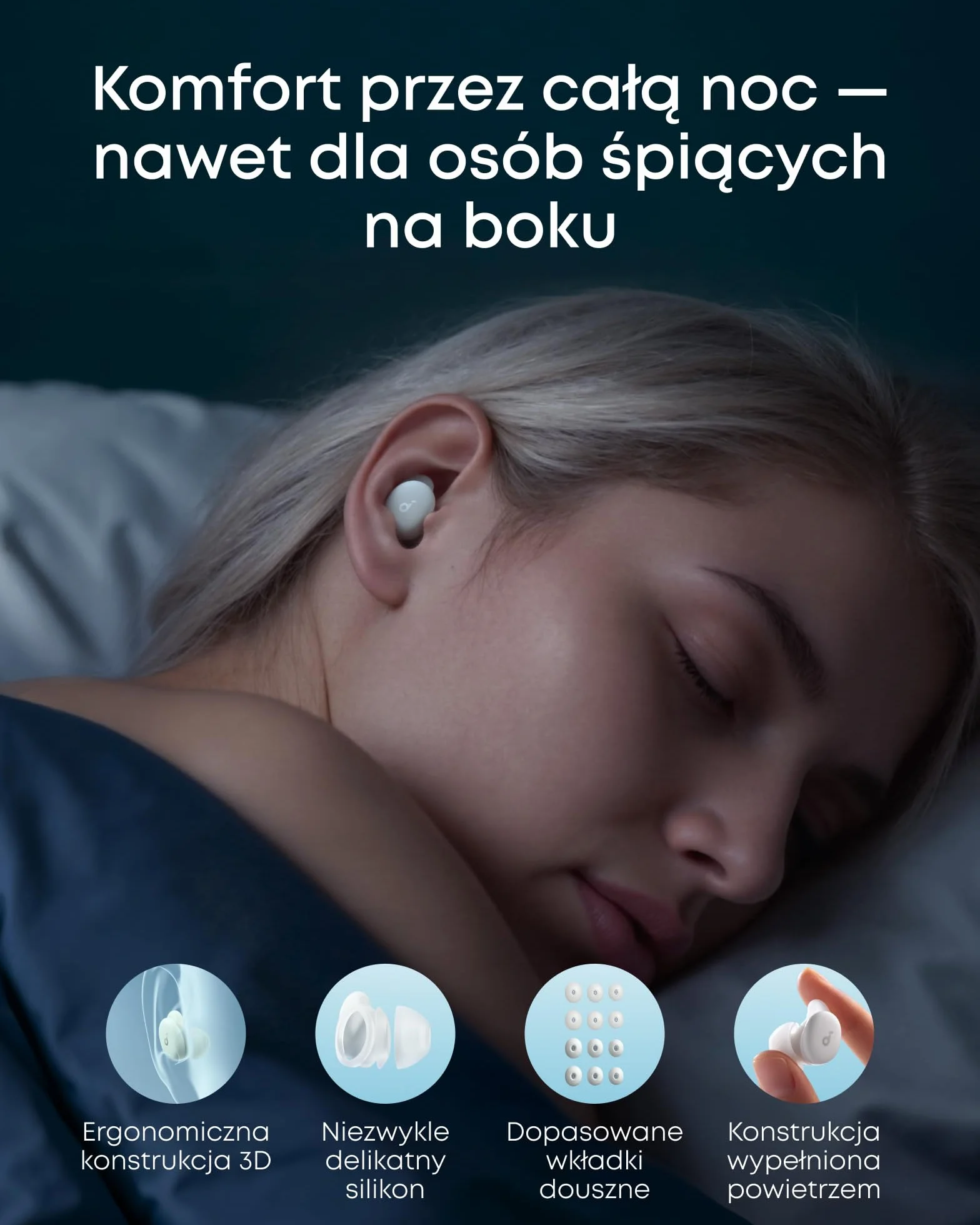 Słuchawki do spania soundcore Sleep A30 Anker, pasywna i aktywna redukcja hałasu, maskowanie chrapania, 10h odtwarzania