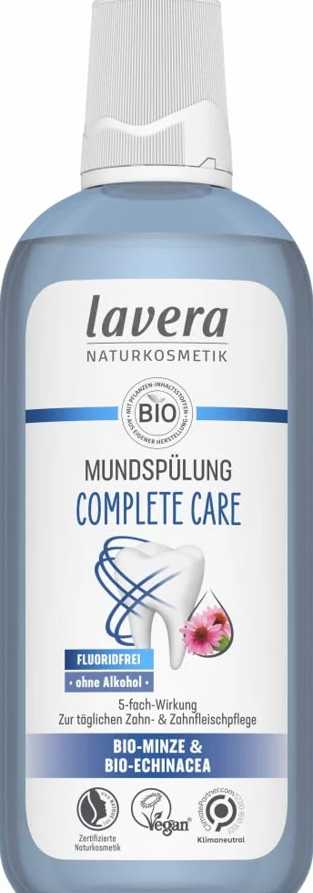 lavera Płyn do płukania jamy ustnej Complete Care – nie zawiera alkoholu – bez fluorków – bio-mięta i bio echinacea dla 5-krotnego działania – wegański – naturalny kosmetyk – 400 ml
