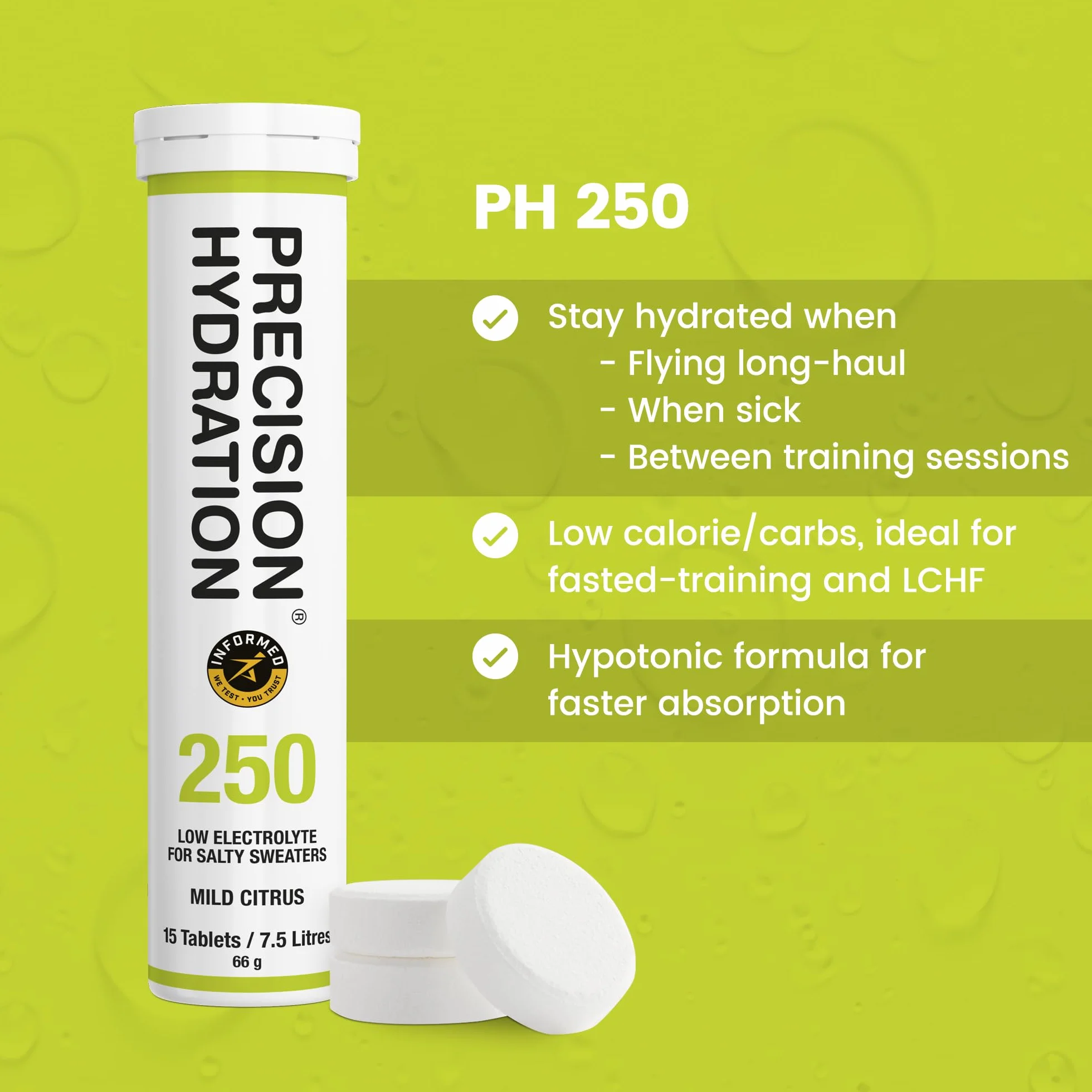 Precision Hydration Tabletki musujące - elektrolity na skurcze - niskokaloryczne, bezglutenowe, wegańskie (250 mg/l - zielona rurka, 1 rurka)
