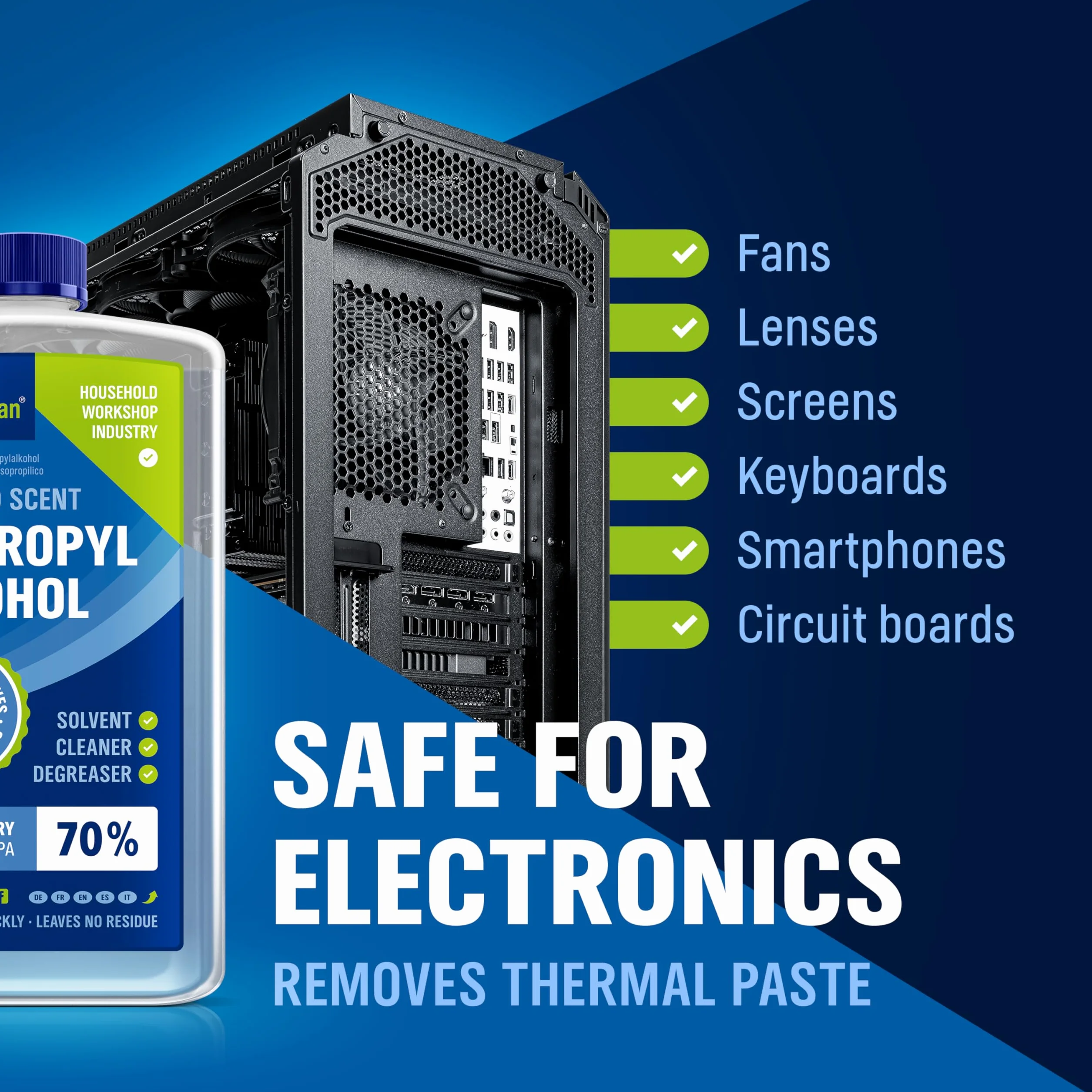 WoldoClean Alkohol izopropylowy 70% 750 ml – Środek czyszczący do elektroniki, szkła i gospodarstwa domowego, IPA, odtłuszczacz i rozpuszczalnik, nie pozostawia śladów