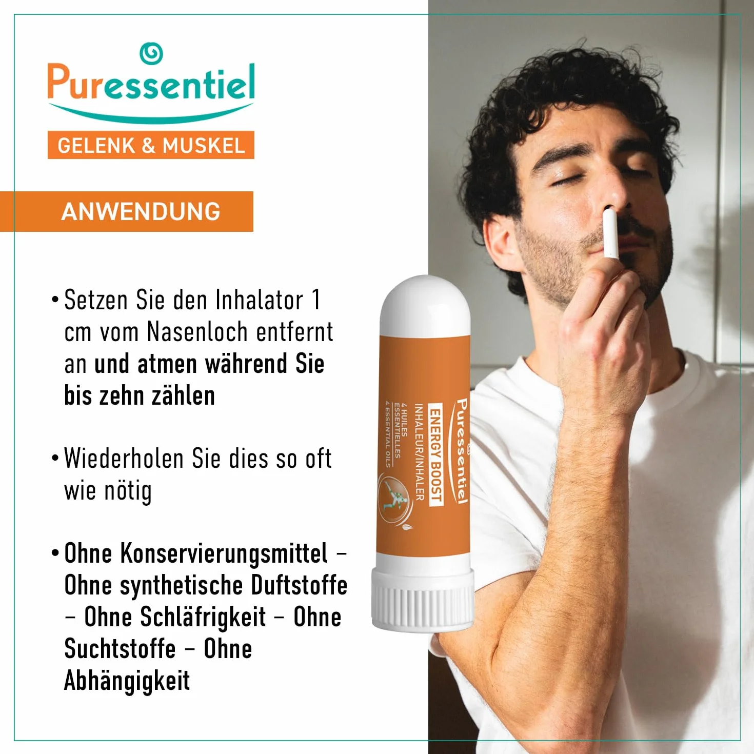 Puressentiel – inhalator dla stawów i mięśni – Energy Boost z 4 olejkami eterycznymi – naturalne wzmocnienie – napięcie fizyczne i psychiczne – 1 ml