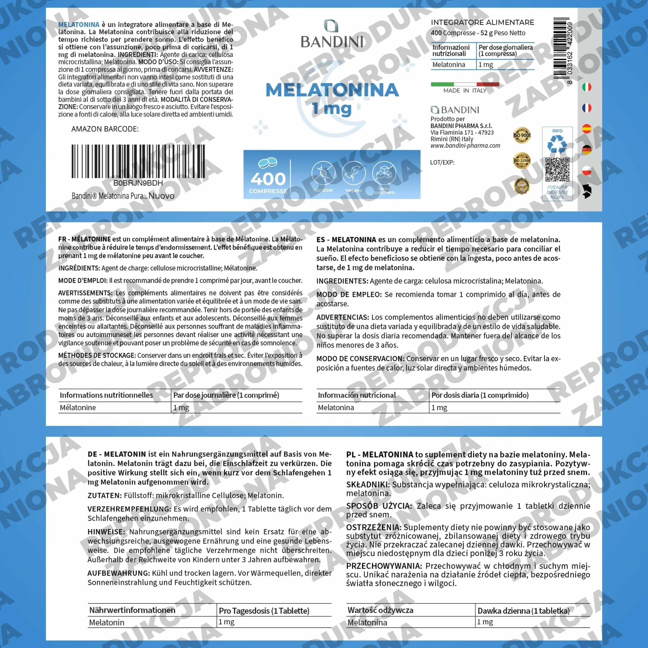 Bandini Pure Melatonin 400 wegańskich tabletek 1 mg Suplement na sen Łatwy do połknięcia