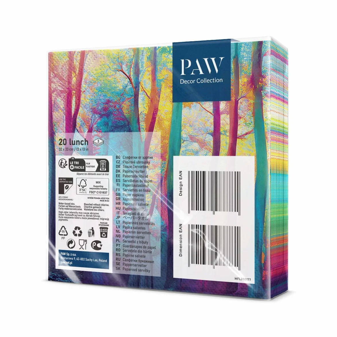 Paw - Serwetki papierowe 3-warstwowe (33 x 33 cm) I 20 sztuk I Idealne na urodziny, imprezy, wesela, komunię i uroczystości Dekoracja stołu, kolorowe serwetki papierowe I Kolorowy magiczny las