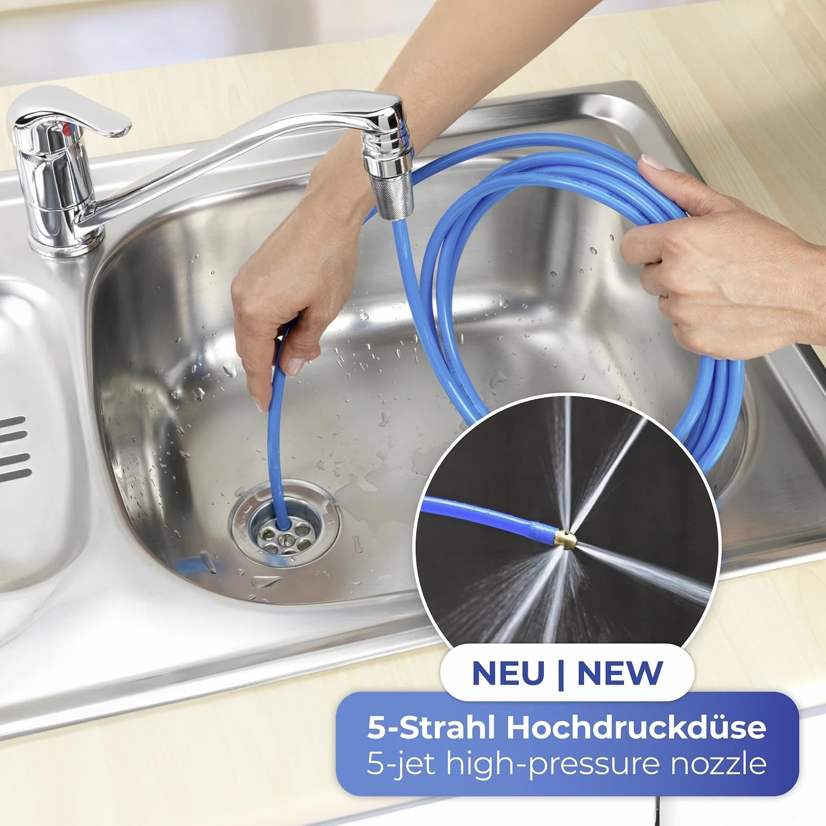 Środek czyszczący Mod. Power bez rur Twister wysokociśnieniowy środek do czyszczenia odpływu z mosiężną dyszą Easy Clip System do rury odpływowej 3 x 250 x 3 cm niebieski