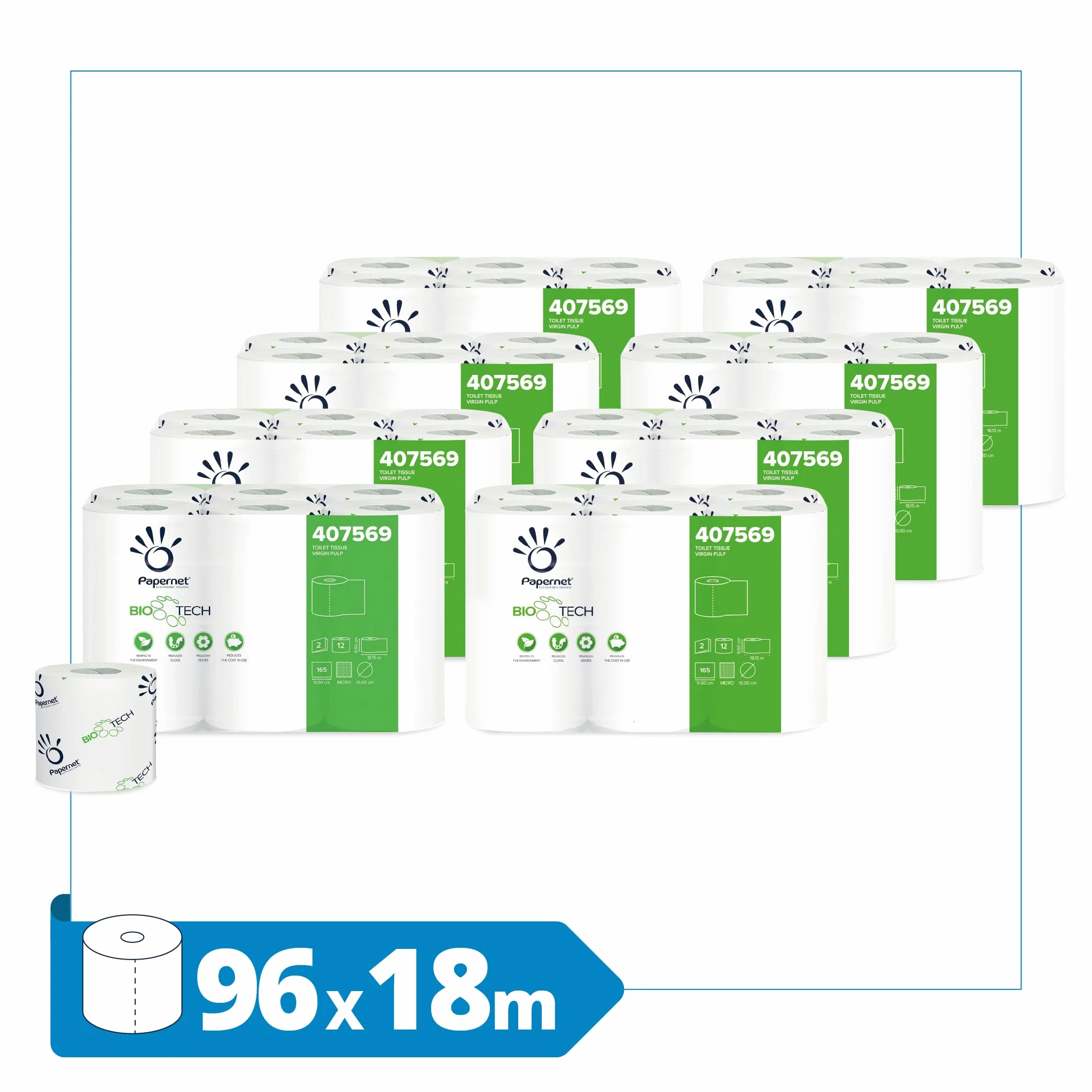 Papernet Bio Tech 407569 2-warstwowy papier toaletowy, 8 opakowań z 12 pojedynczo zapakowanymi rolkami, każda po 165 arkuszy, 11 x 9,5 cm, długość rolki 18,1 m, średnica 10 cm, papier toaletowy,