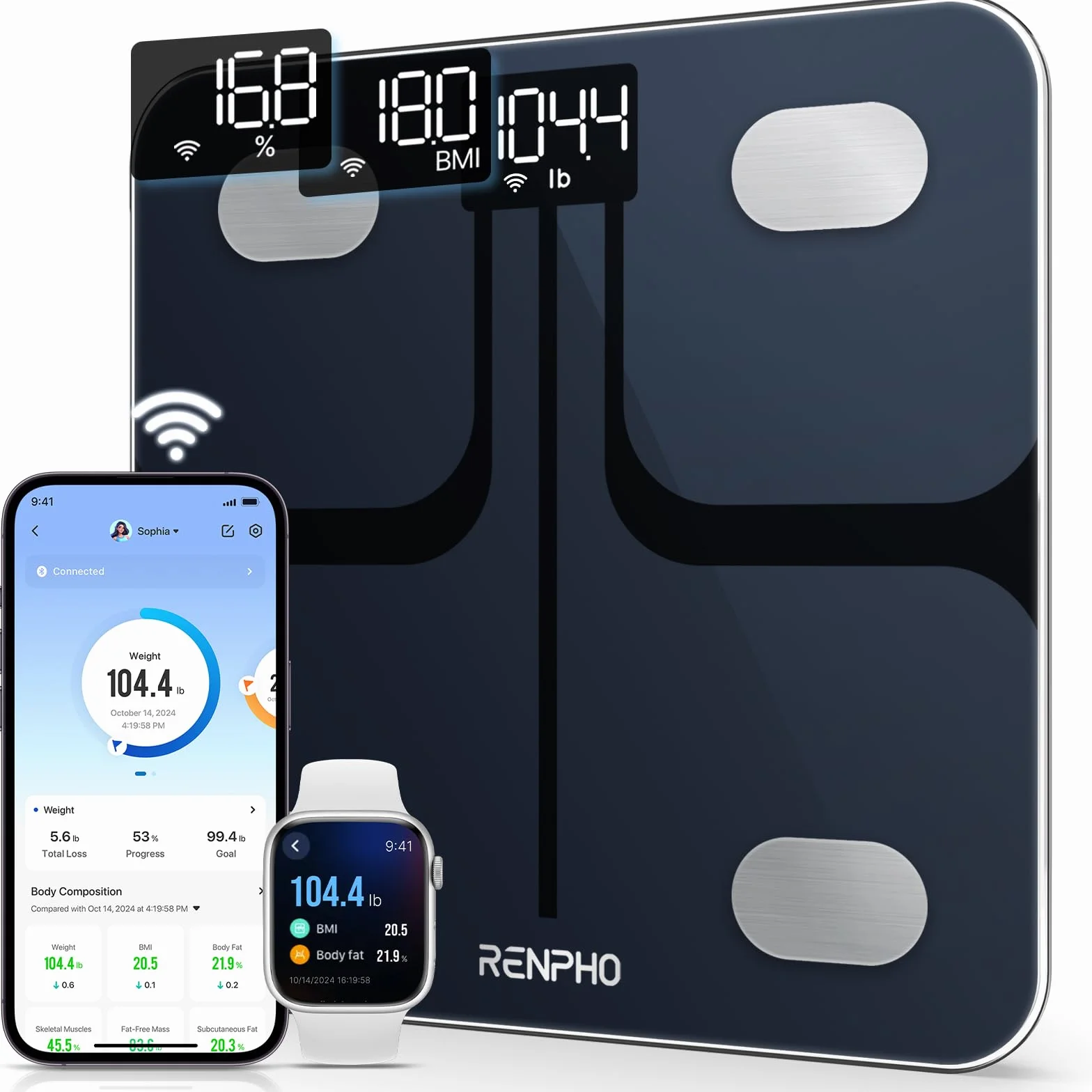 RENPHO Inteligentna waga łazienkowa Wi-Fi Bluetooth BMI z aplikacją, czarny