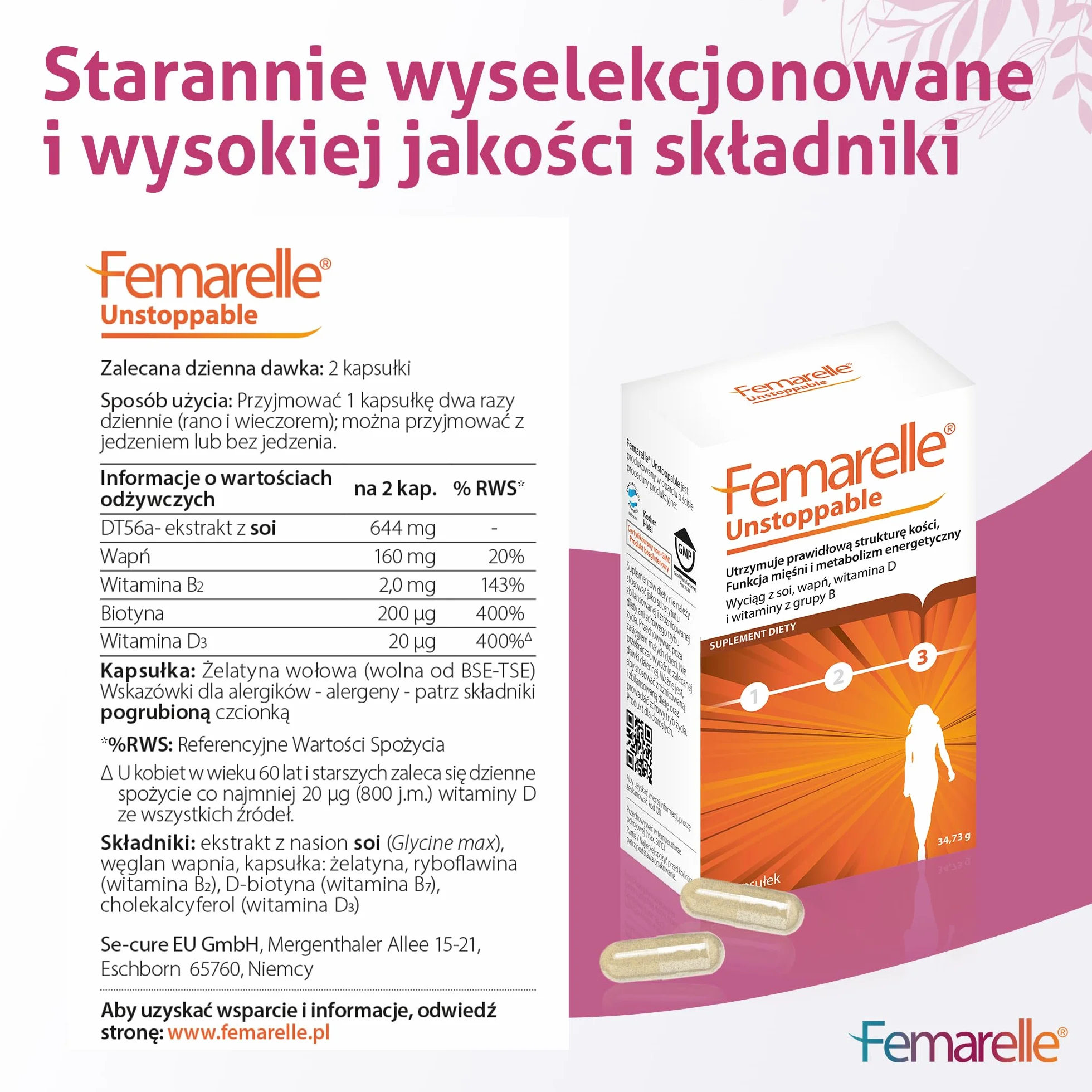 Femarelle Unstoppable 56 kapsułek – Wsparcie po menopauzie z DT56a, witaminą B2, D3, biotyną i wapniem