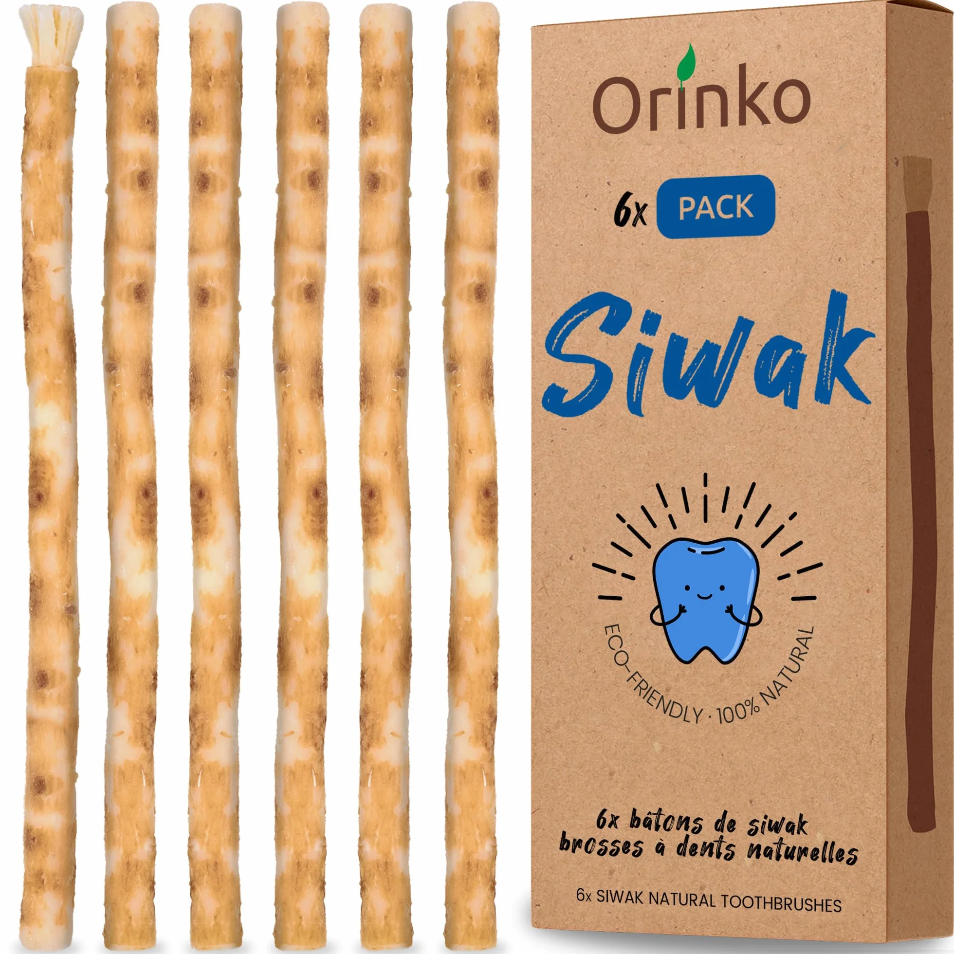 Orinko Zestaw 6 Patyczków Miswak - 100% Naturalne Szczoteczki do Zębów - Czyszczą, Dezynfekują i Wybielają - Ekologiczne, Biodegradowalne i Wegańskie - Dodatkowy E-book