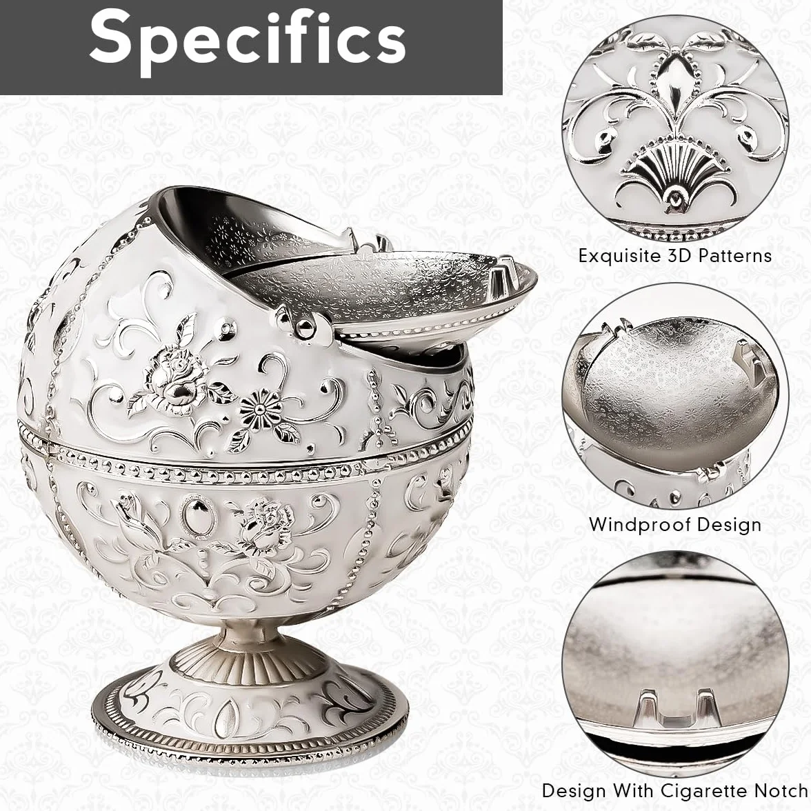Popielniczka w stylu vintage, metalowa, z pokrywką, wiatroszczelna, srebrna, szklana, przenośna, do użytku wewnątrz i na zewnątrz, do hotelu, salonu, biura, dekoracyjne dzieła sztuki, prezent