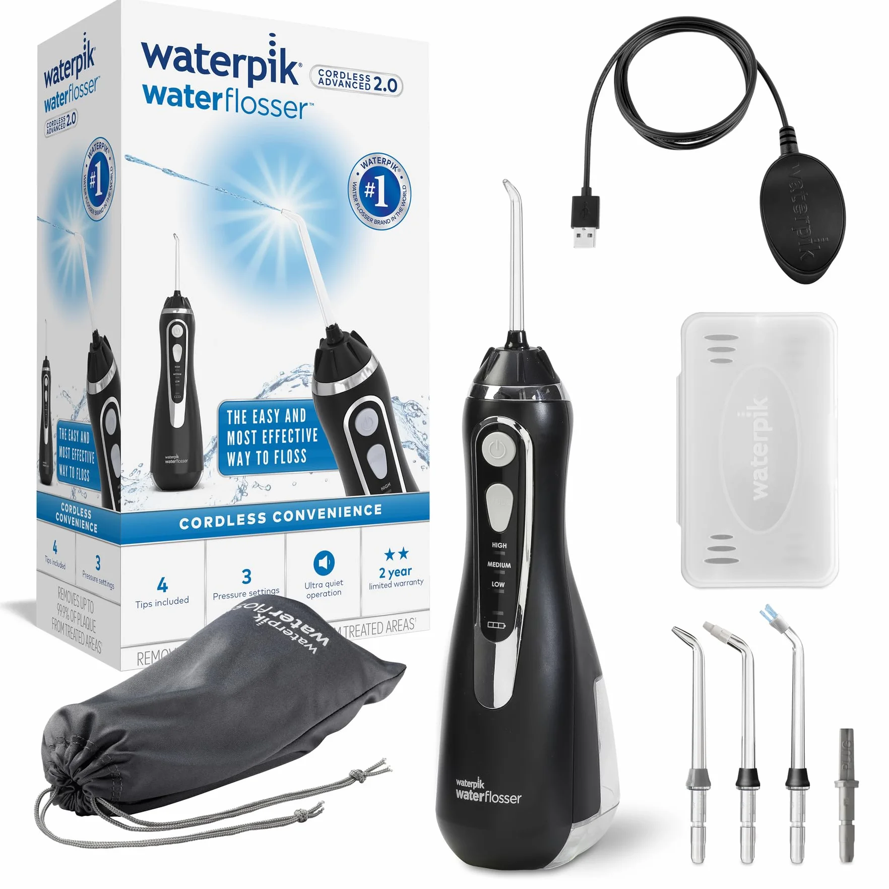 Waterpik Cordless Advanced Irygator Bezprzewodowy WP-582EU, 3 Ustawienia Ciśnienia, Czarny