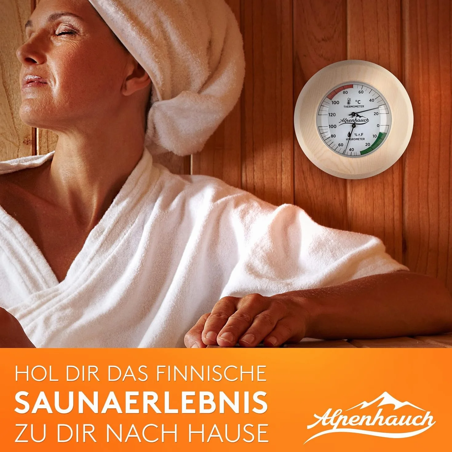 ALPENHAUCH Termometr do sauny, higrometr z drewna, funkcja 2 w 1, wyjątkowo precyzyjny termometr do sauny z hartowanego szkła, automatyczna kalibracja, eleganckie akcesoria do sauny, higrometr