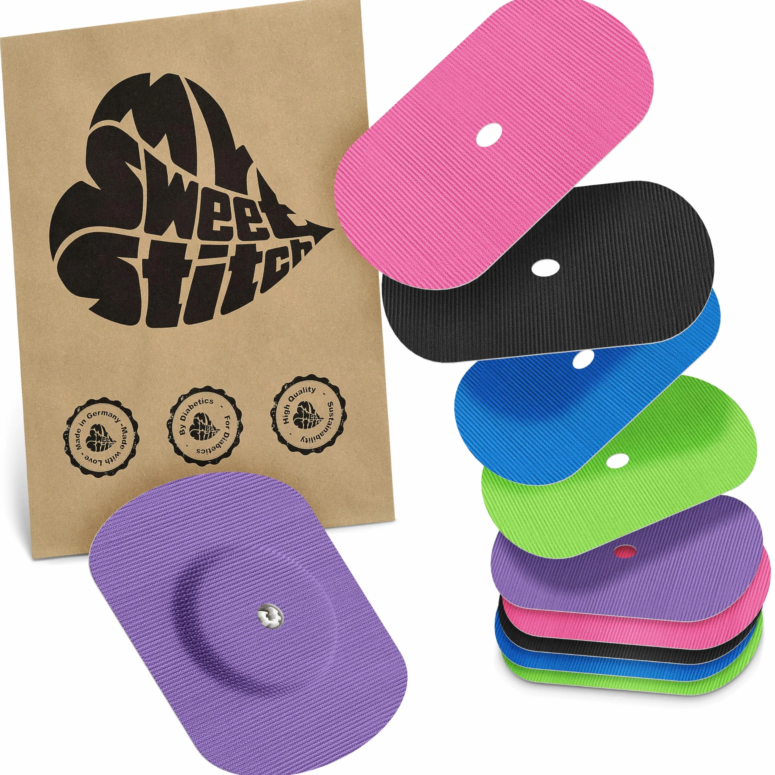 MySweetStitch | Plaster do sensora Freestyle Libre 1 & 2 z otworem wentylacyjnym | Wodoodporny i przyjazny dla skóry (10 sztuk) | owalny | na zewnątrz: Ø 70 x 55mm, wewnątrz Ø 6mm | Wielokolorowy