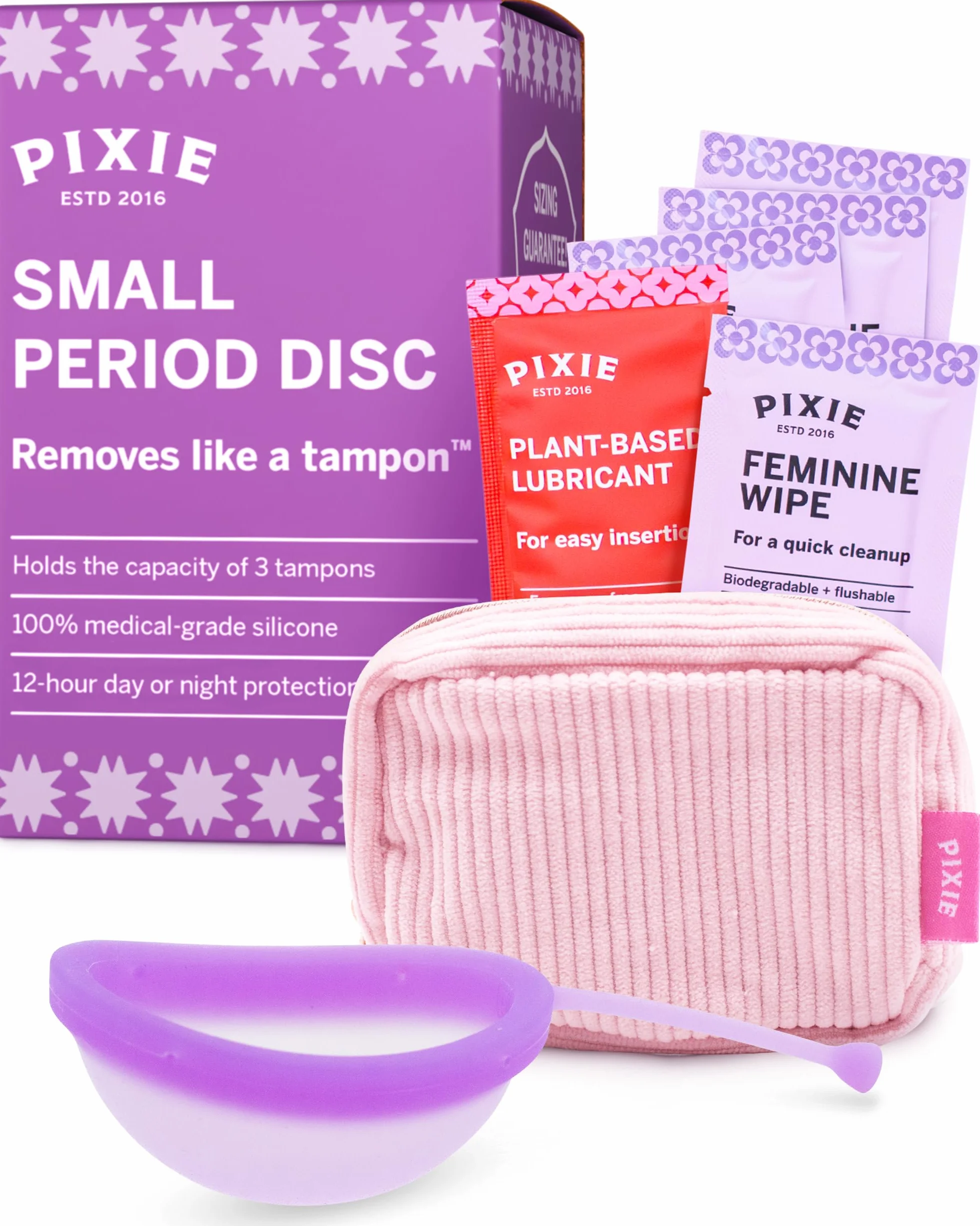 Pixie krążek menstruacyjny – miękki i wielokrotnego użytku – wykonany w 100% z silikonu medycznego – bez metali i substancji szkodliwych – czas noszenia 12 godzin – usuwa jak tampon – rozmiar mały