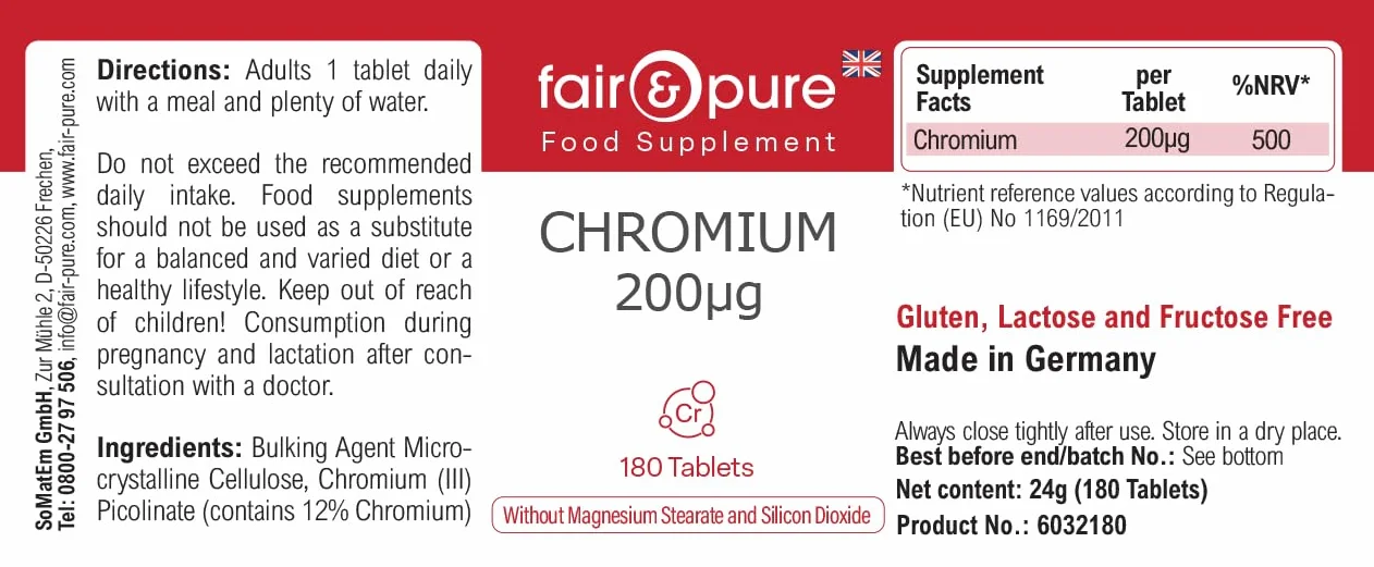 Tabletki chromu Fair & Pure 200 μg, 180 tabletek, wegański suplement diety bez dodatków, wyprodukowano w Niemczech