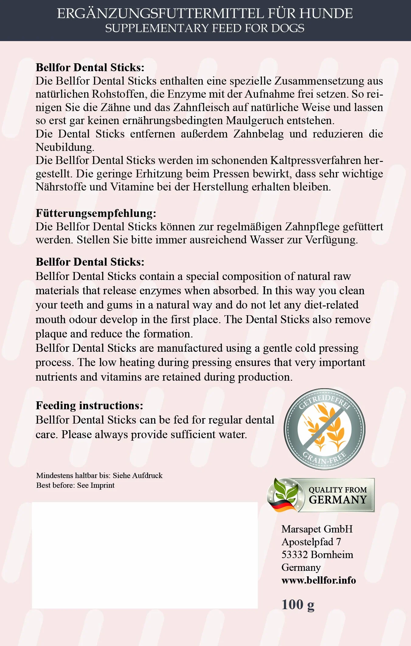 Bellfor Naturalne pałeczki dentystyczne dla psów przeciw nazębnemu i nieświeżemu oddechowi, bez zbóż z białkiem owadów, odpowiednie dla wszystkich ras i szczeniąt, środek do usuwania kamienia