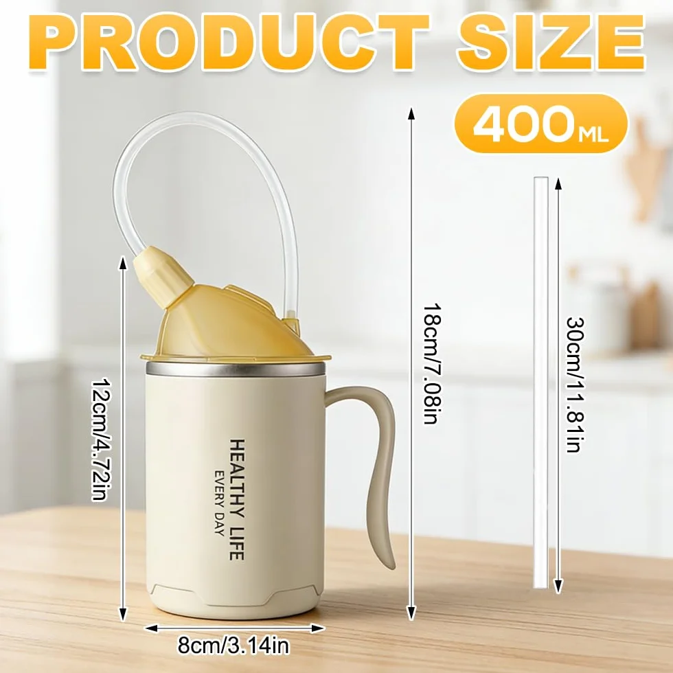 Kubek z ustnikiem dla seniorów 3 w 1 400 ml ze słomką 30 cm i pokrywką biały