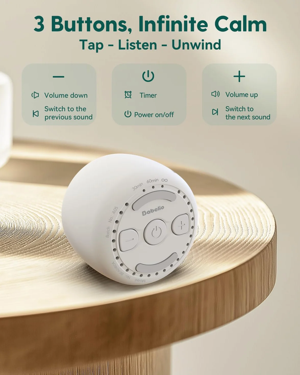 Babelio mini urządzenie dźwiękowe White Noise Machine dla dorosłych i dzieci, 15 dźwięków bez pętli, minutnik, łatwy do kieszeni i podróży, biały