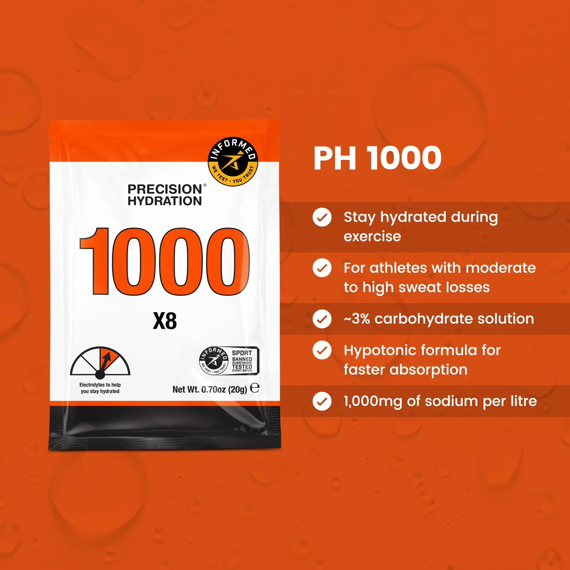 Precision Hydration Mieszanka Napoju Elektrolitowego - Bez sztucznych składników, Proszki elektrolitowe o różnej mocy - Indywidualne, wodoodporne porcje (1000 mg/l - Pomarańczowe, Pack of 80)