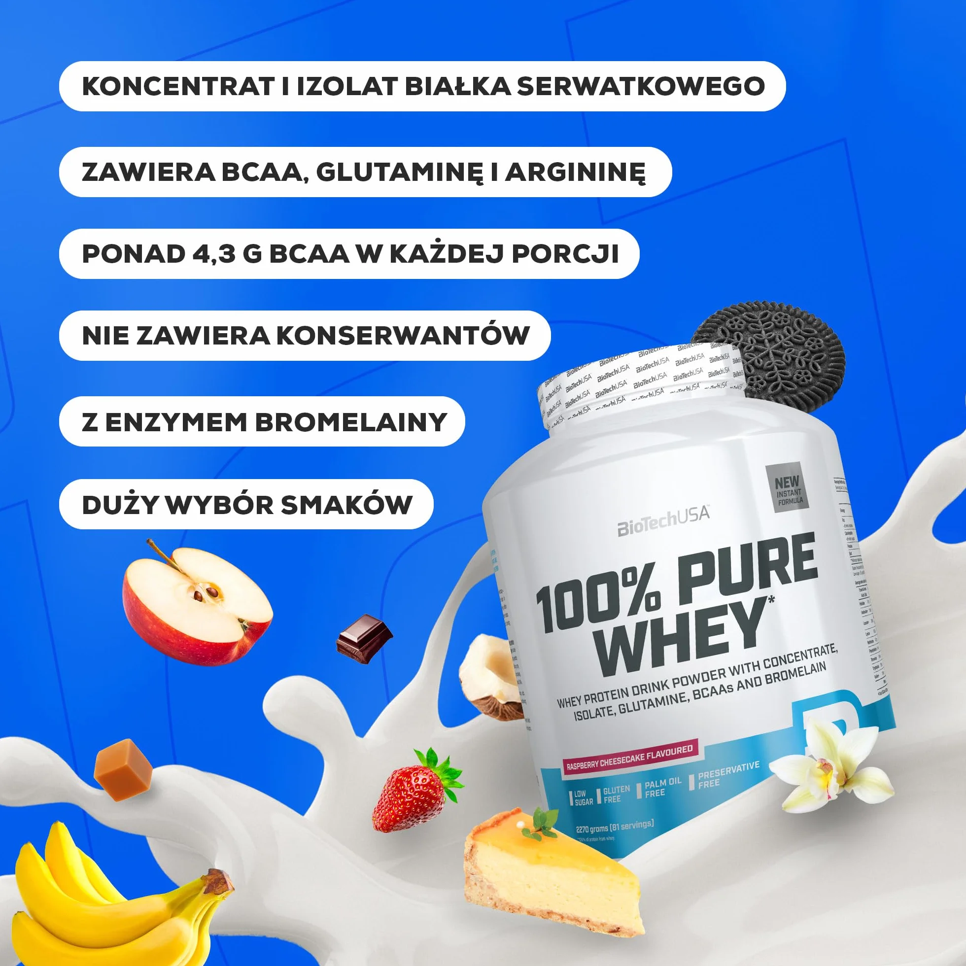 BioTechUSA 100% Pure Whey | Białko w proszku z BCAA i glutaminą | Bezglutenowe, bez oleju palmowego | 21g białka w porcji, 1 kg, Czekoladowe Masło Orzechowe