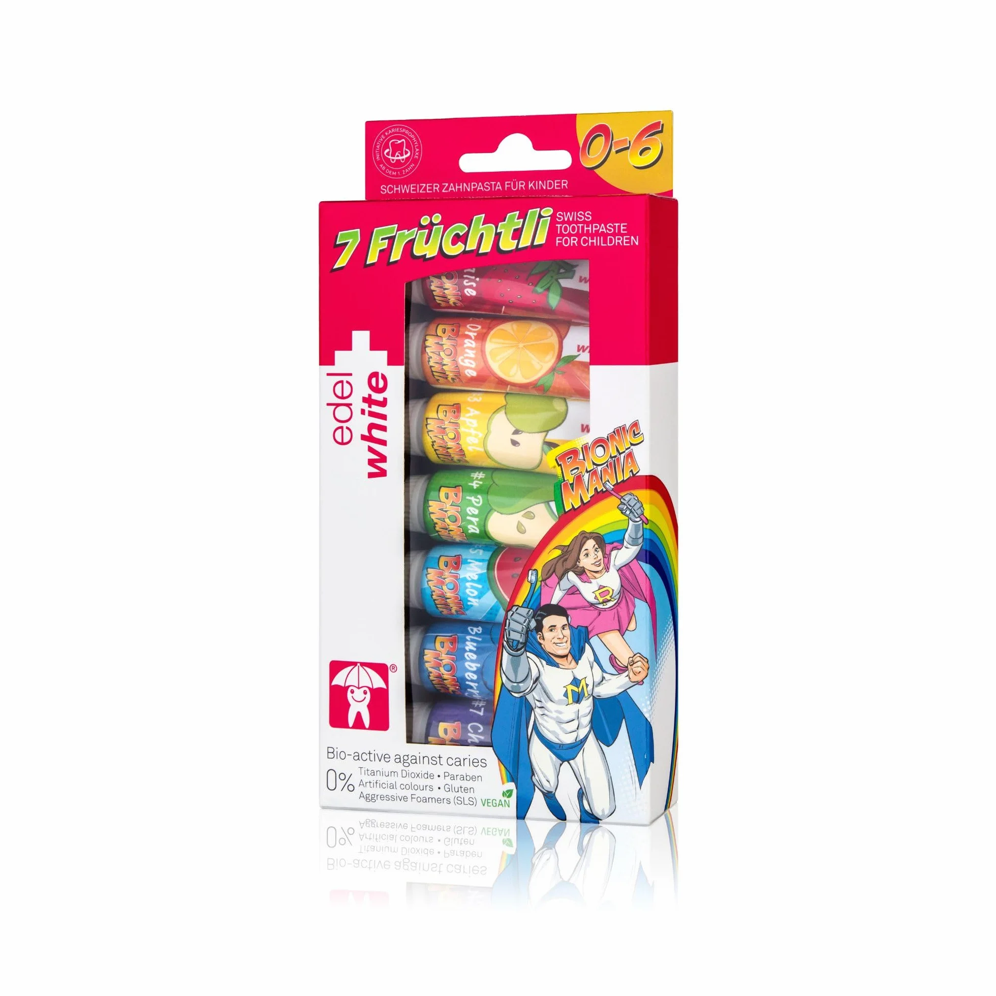 7 Fruchtli Pasta do zębów dla dzieci od Edelwhite – 7 smaków i kolorów, biodostępny fluorek, bez sztucznych dodatków, dla dzieci do 6 lat, ochrona szkliwa zębów, zabawne mycie zębów