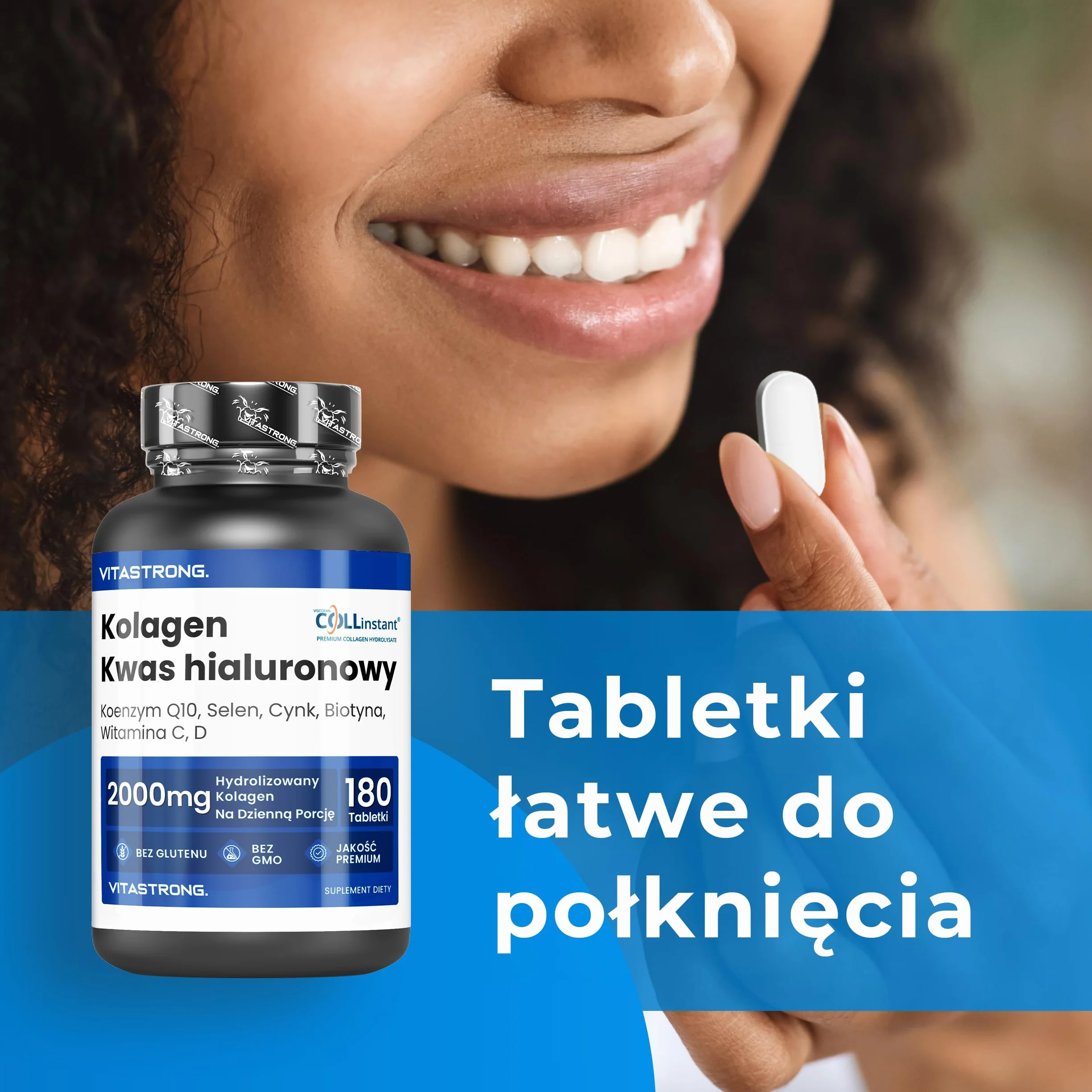 Vitastrong Hydrolizowany Kolagen 2000MG COLLinstant® Kwas Hialuronowy Biotyna Koenzym Q10 Cynk Selen Witamina C Witamina D