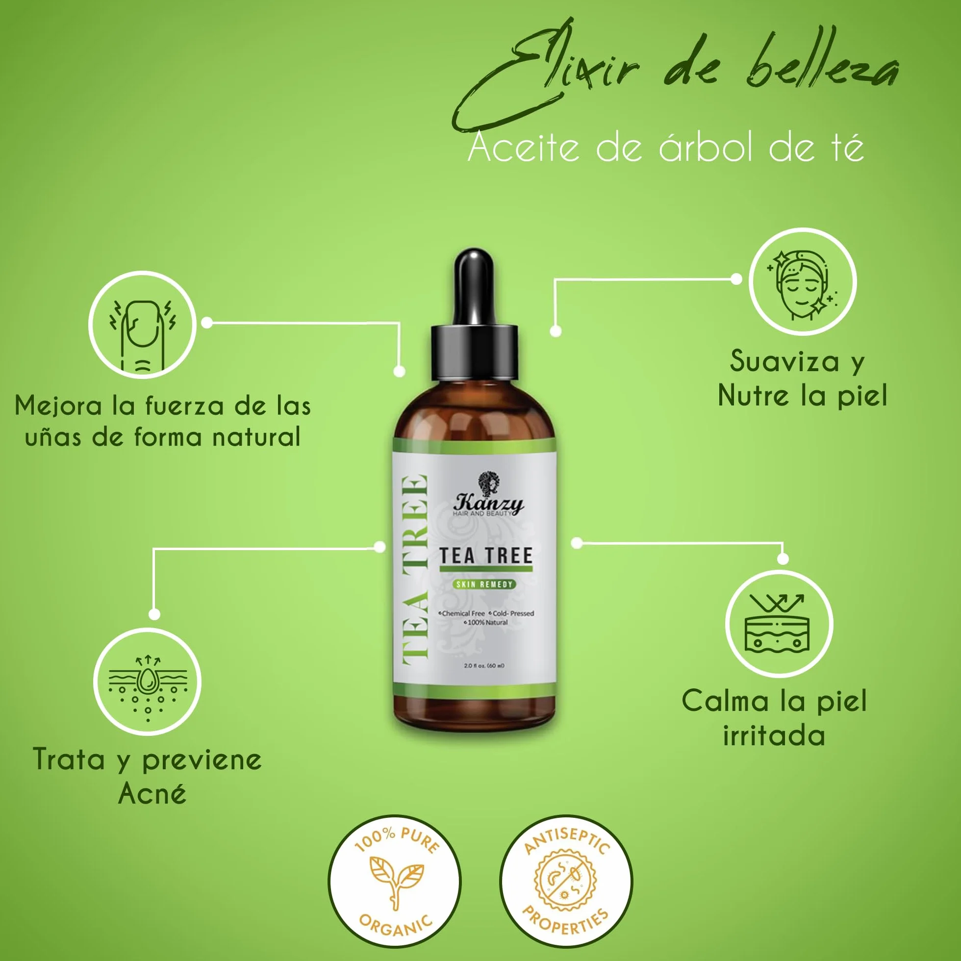 Kanzy Olejek Drzewa Herbacianego 60ml 100% dla Skóry Tea Tree Oil Zabieg na Twarz, Włosy, i Paznokcie Naturalny Wegański
