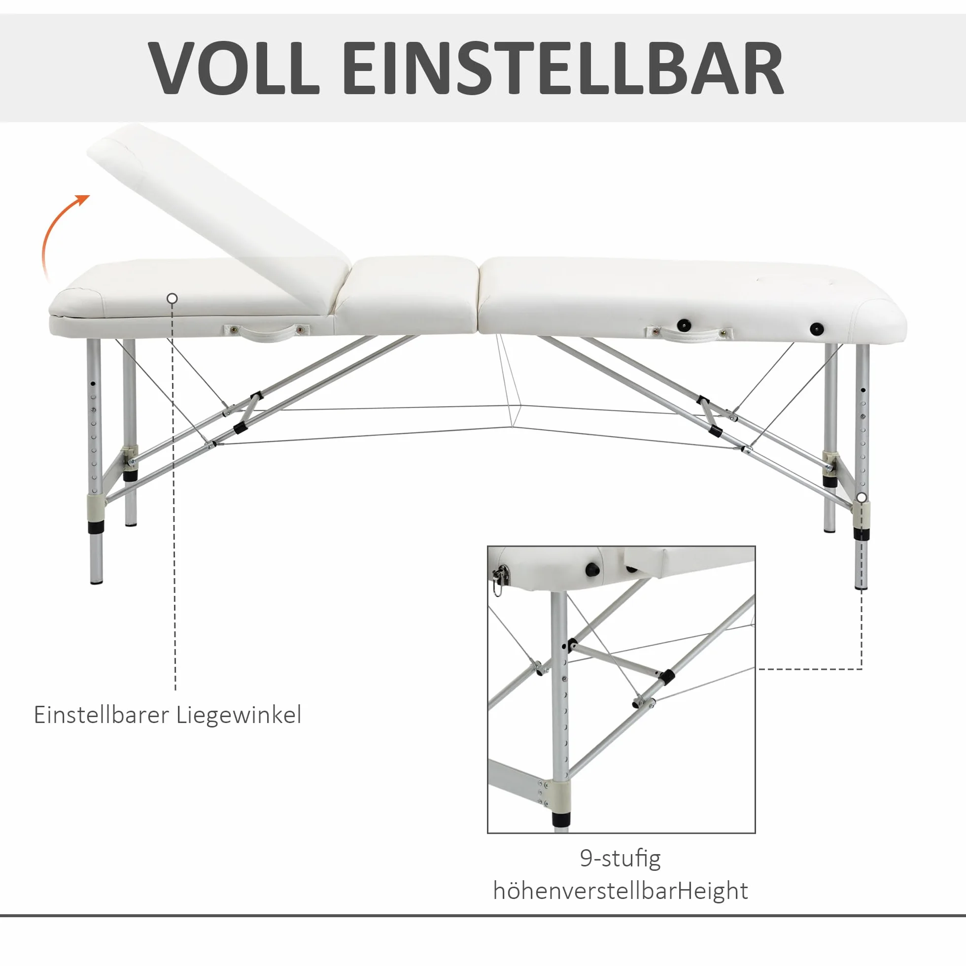 HOMCOM Stół do masażu składany z regulacją wysokości aluminium biały 215x81x61-84 cm