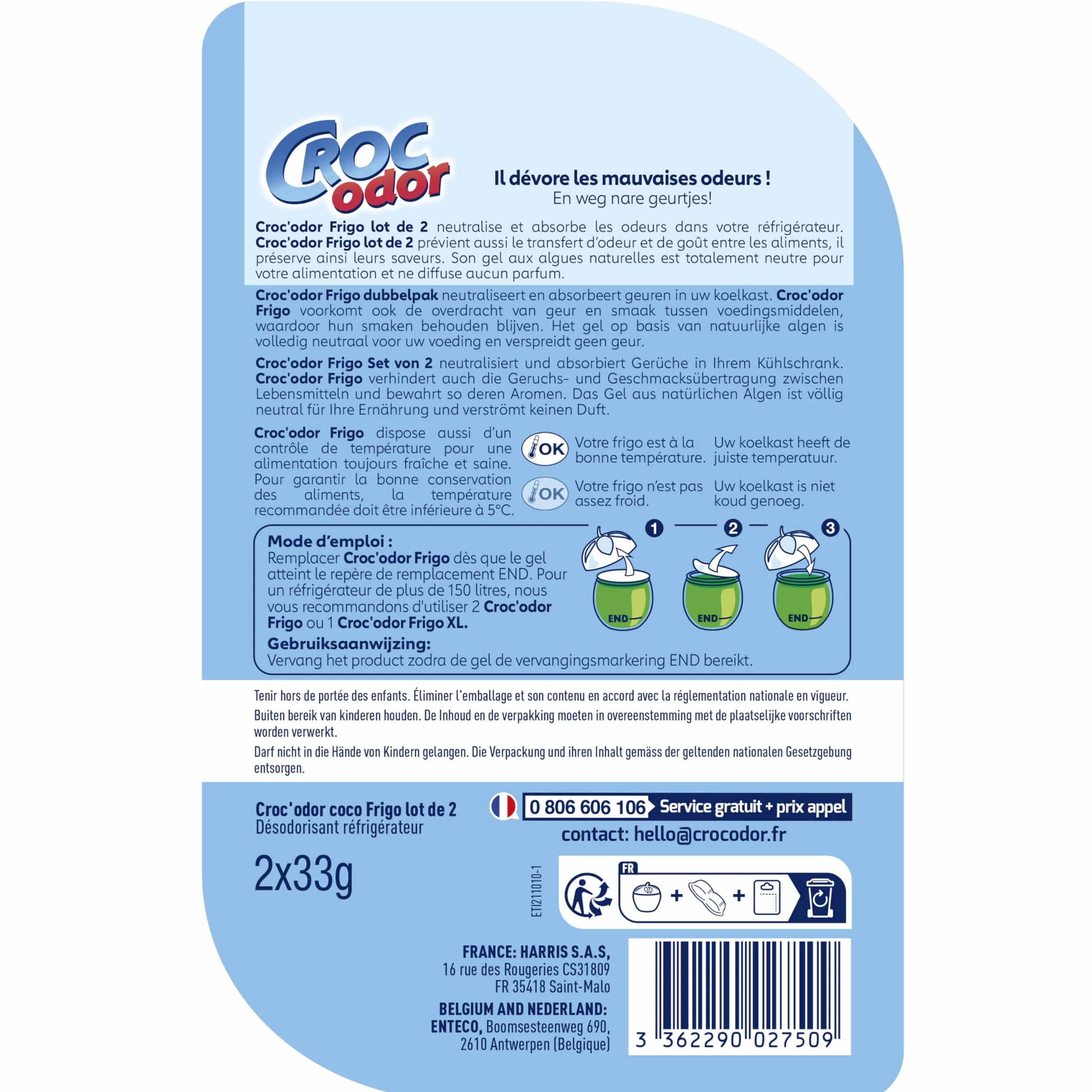 Croc'Odor Dezodorant do lodówki, dwupak, bezzapachowy, 2 x 33 g