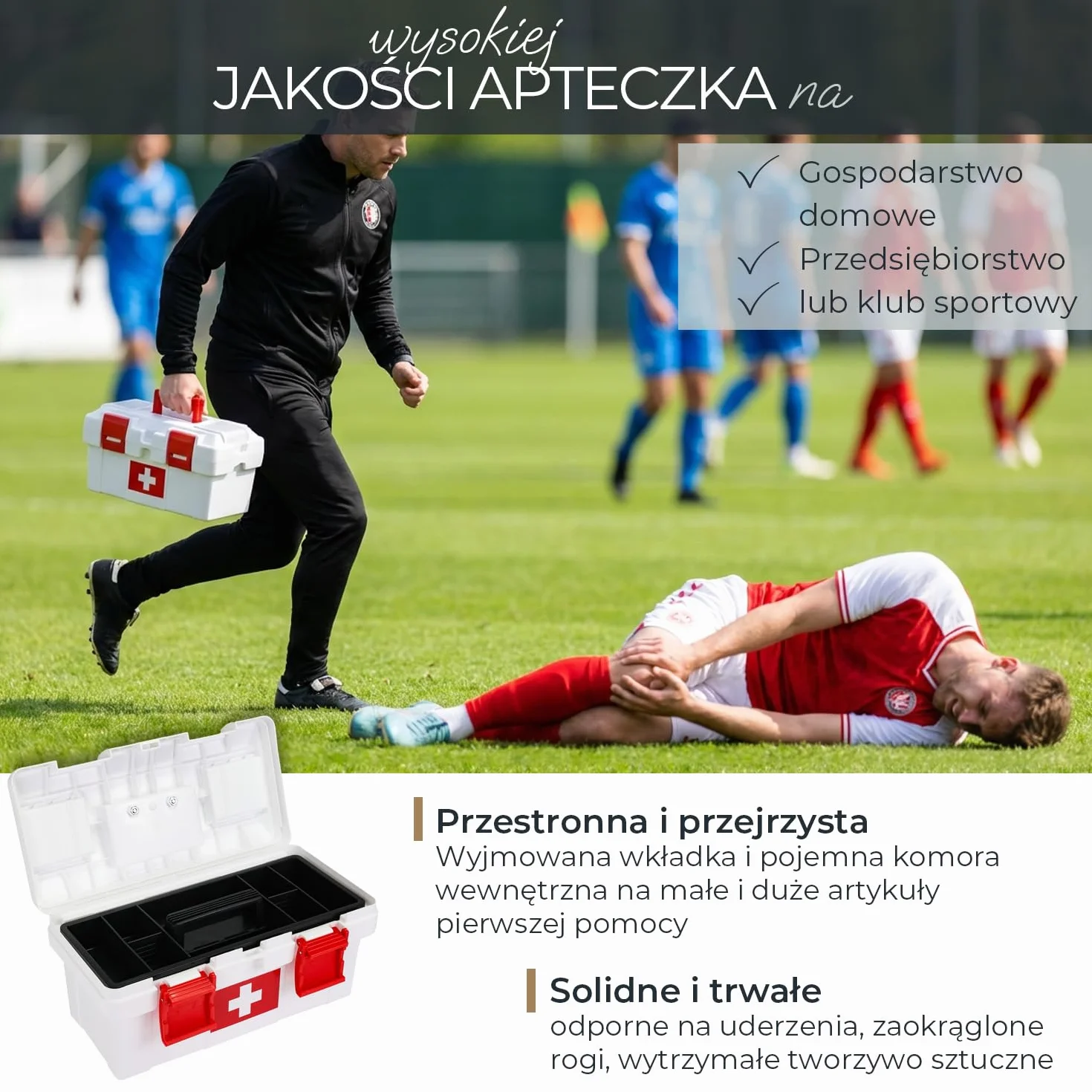 HMF Apteczka na leki i materiały medyczne, pusta skrzynka medyczna do domu, firmy i klubu sportowego, pudełko na lekarstwa | 37 x 20 x 18,5 cm | biało-czerwona