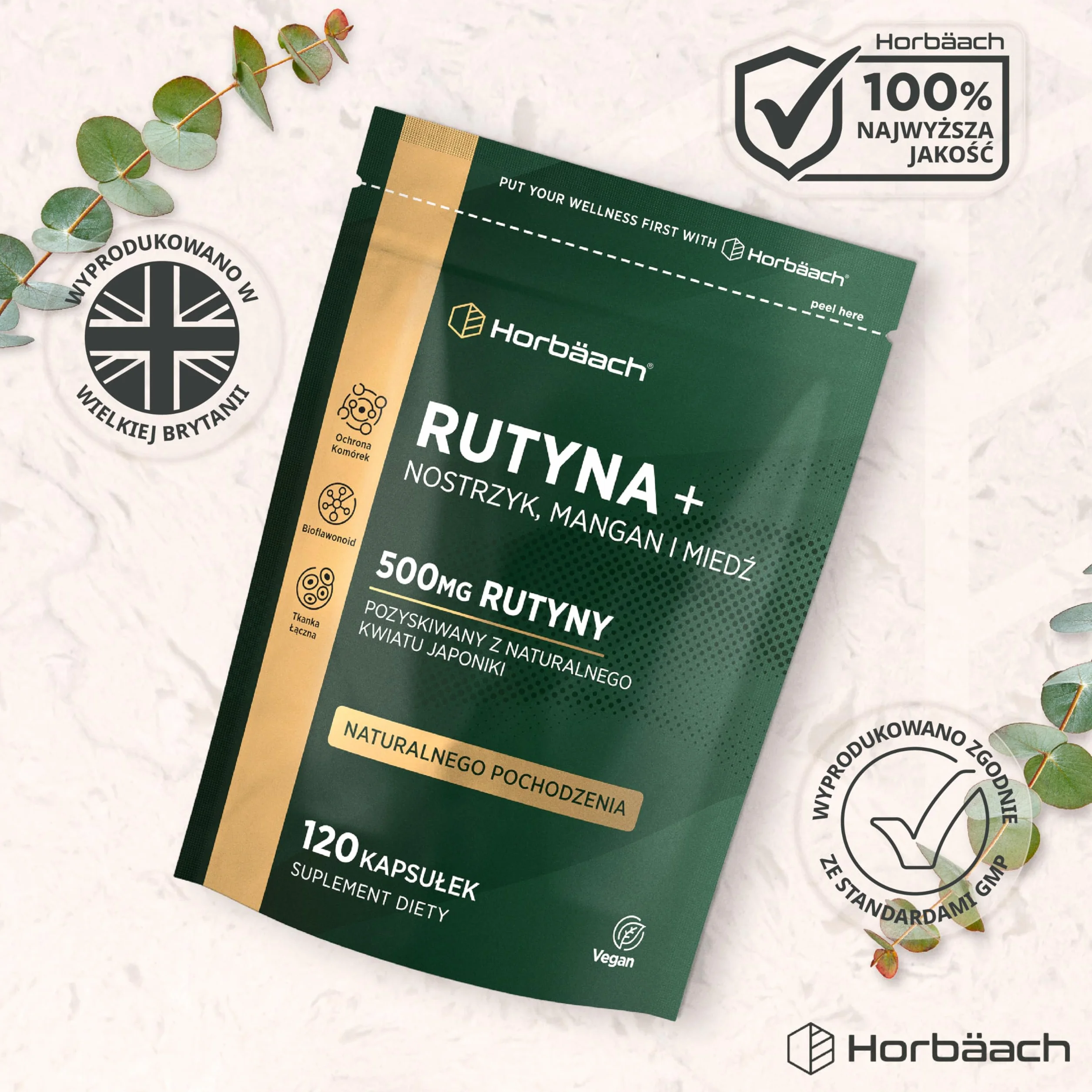 Rutyna 500mg z Nostrzykiem, Manganem i Miedzią | Rutyna Pozyskiwana z Naturalnego Kwiatu Japoniki | 120 Wegańskich Kapsułek | marki Horbaach