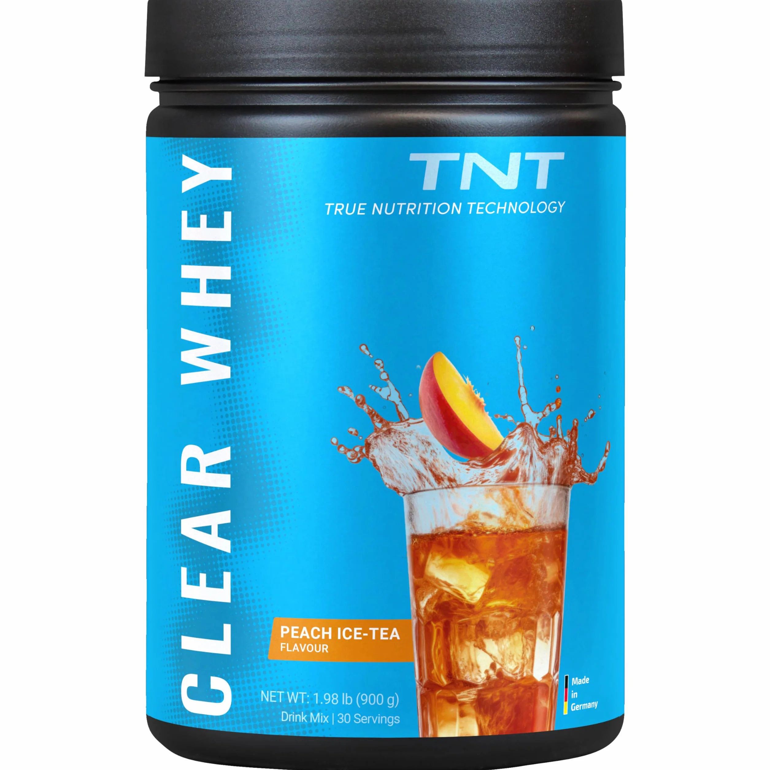 TNT Clear Whey "Peach Ice–Tea" (900 g) • Izolat serwatkowy w proszku o smaku brzoskwiniowej herbaty mrożonej • Mrożona herbata wysokoproteinowa z BCAA • Clear Whey jako shake proteinowy