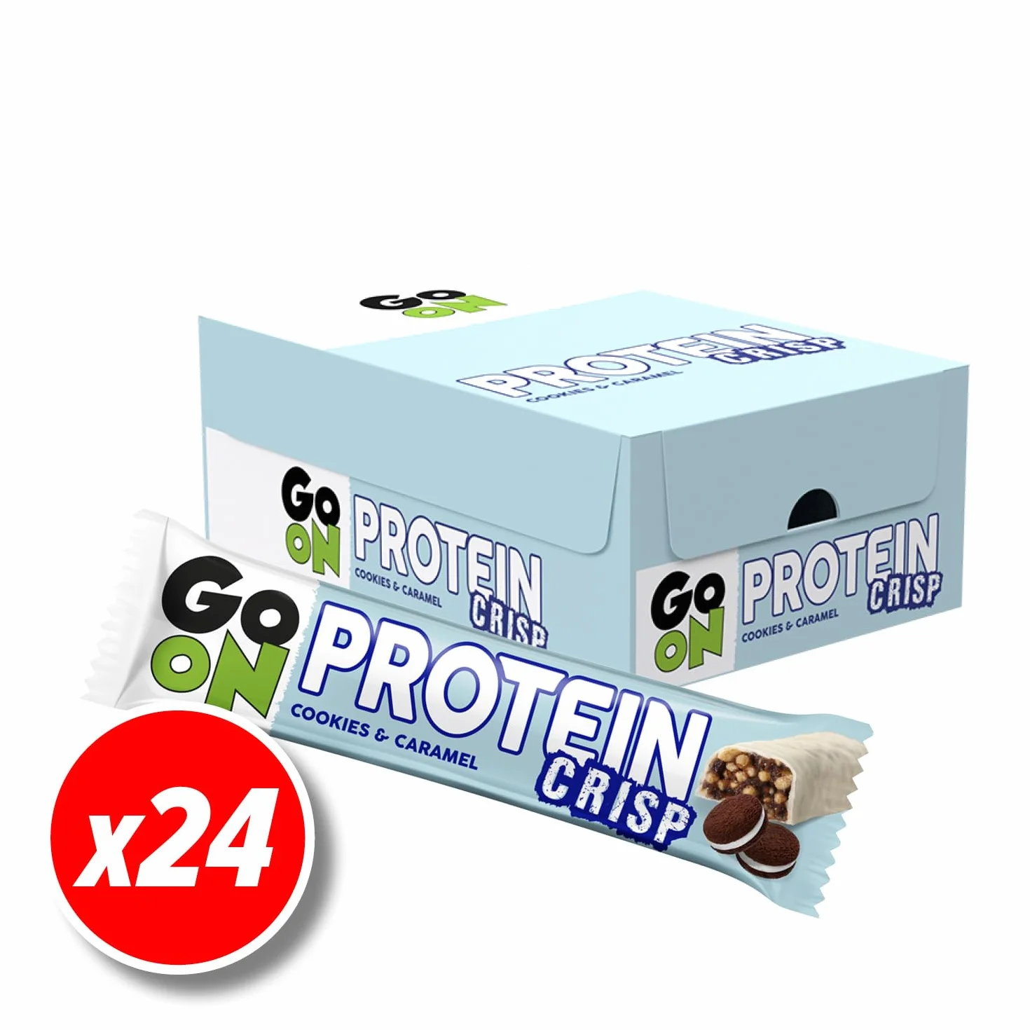 GO ON - Batony proteinowe Crisp 24 x 50 g, Batony białkowe, Odżywcze, Sportness Fitness Snacks, Idealne dla osób aktywnych - Ciasteczka i karmel