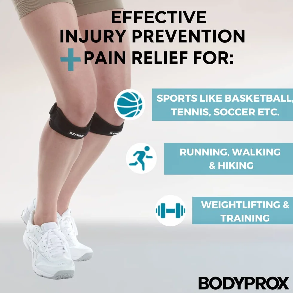 Bodyprox Patella Pas na kolano z paskiem łagodzącym ból kolana, do wędrówek, piłki nożnej, koszykówki, biegania, swetrów, kolan, tenisa, zapalenia ścięgien, siatkówki i przysiadów, 2 szt