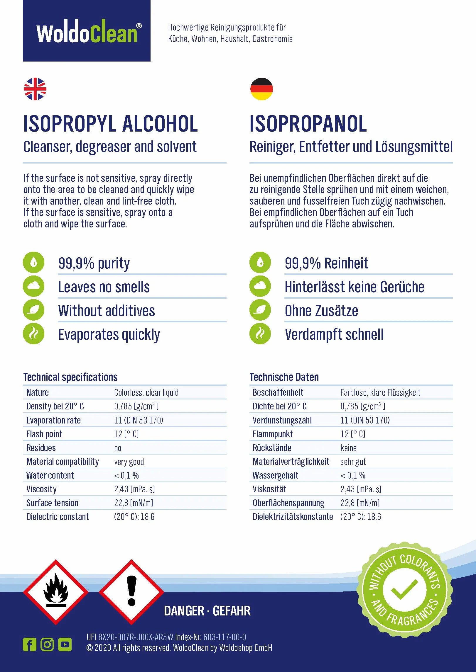 WoldoClean Isopropanol 99,9% alkohol czyszczący 250 ml butelka szklana – IPA wysokiej czystości, bezbarwny i niepozostawiający pozostałości do elektroniki, drukarek 3D, gospodarstwa domowego i prac rę