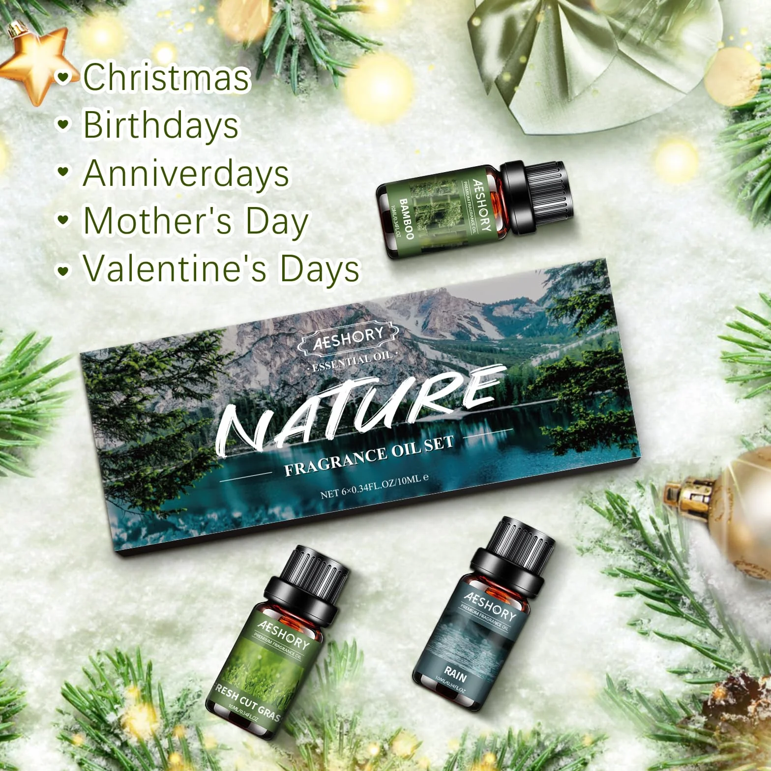 AESHORY 6 x 10ML Zestaw Naturalnych Olejków Eterycznych Do Dyfuzora, Relaksu, Wyrobu Świec - Bambus, Deszcz, Sosna Leśna, Drzewo Sandałowe I Róża, Lawenda I Rumianek, Świeżo Ścięta Trawa