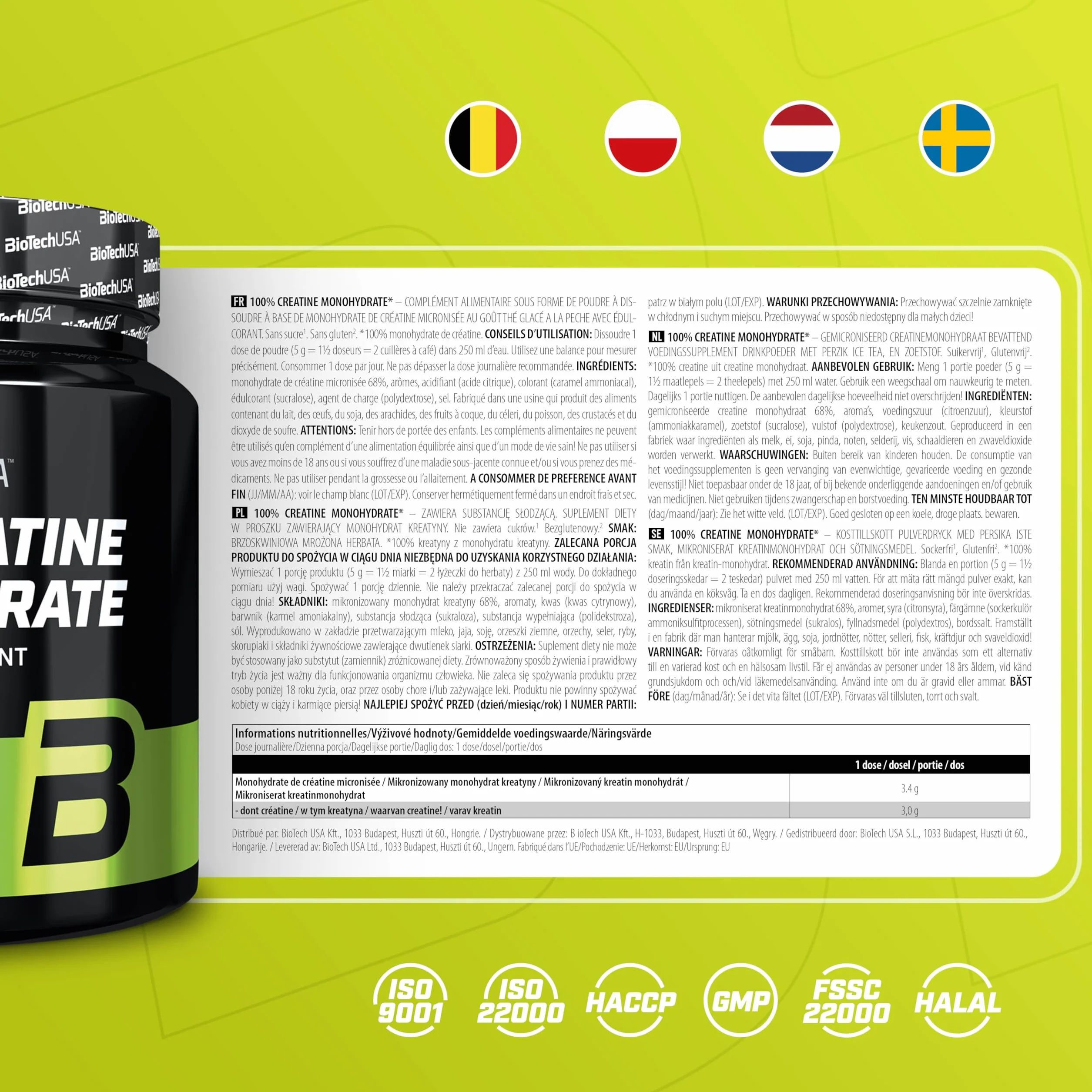 BioTechUSA 100% Creatine Monohydrate | kreatyna farmaceutycznej jakości | mikronizowana | wegańska | bezglutenowa, 300 g, Brzoskwiniowa mrożona herbata