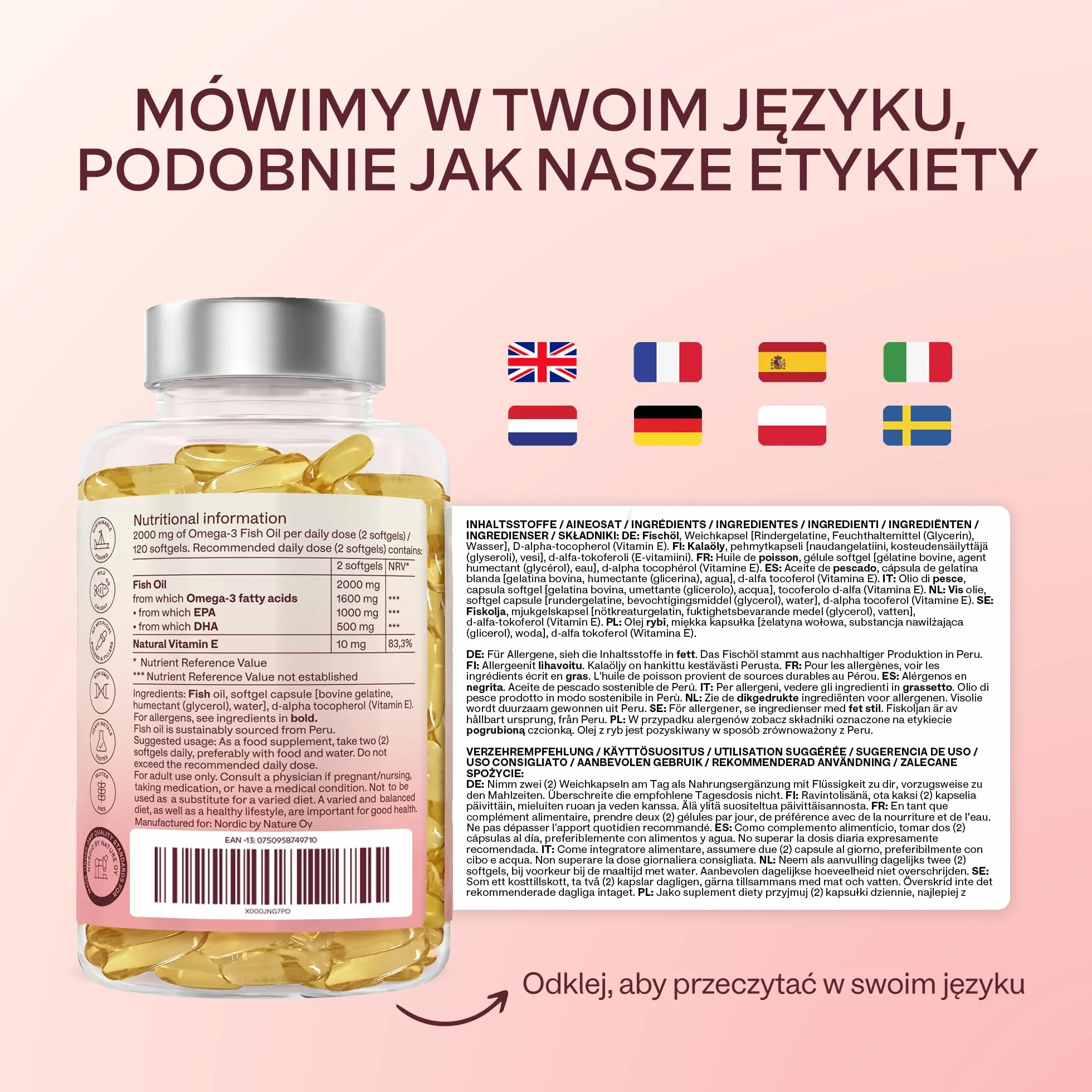 Omega 3 kapsułki o wysokiej dawce – 2000 mg oleju z ryb na dzień (2 kapsułki) – 1000 mg EPA + 500 mg DHA na dzień – skuteczne kwasy tłuszczowe omega-3 – zrównoważony połów – 120 kapsułek – na 60 dni