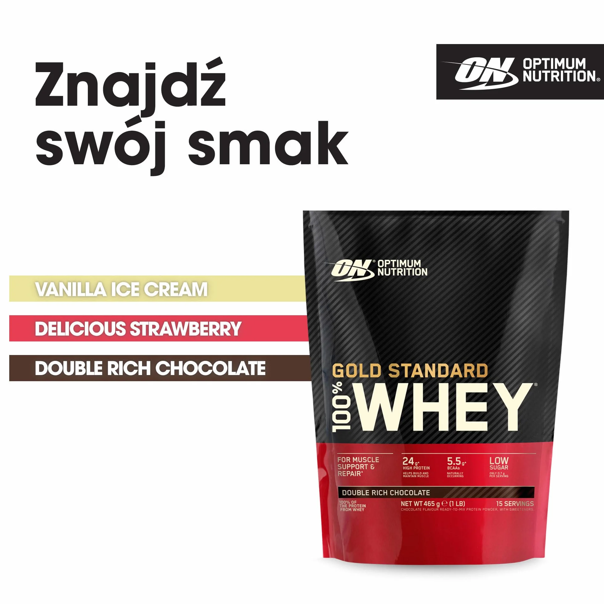 Optimum Nutrition Gold Standard 100% Whey, Koncentrat Białka Serwatkowego, Izolat i Hydrolizat Serwatki, BCAA, Glutamina, Wzrost i Naprawa Mięśni, Smak Podwójna Czekolada, 15 porcji, 465g
