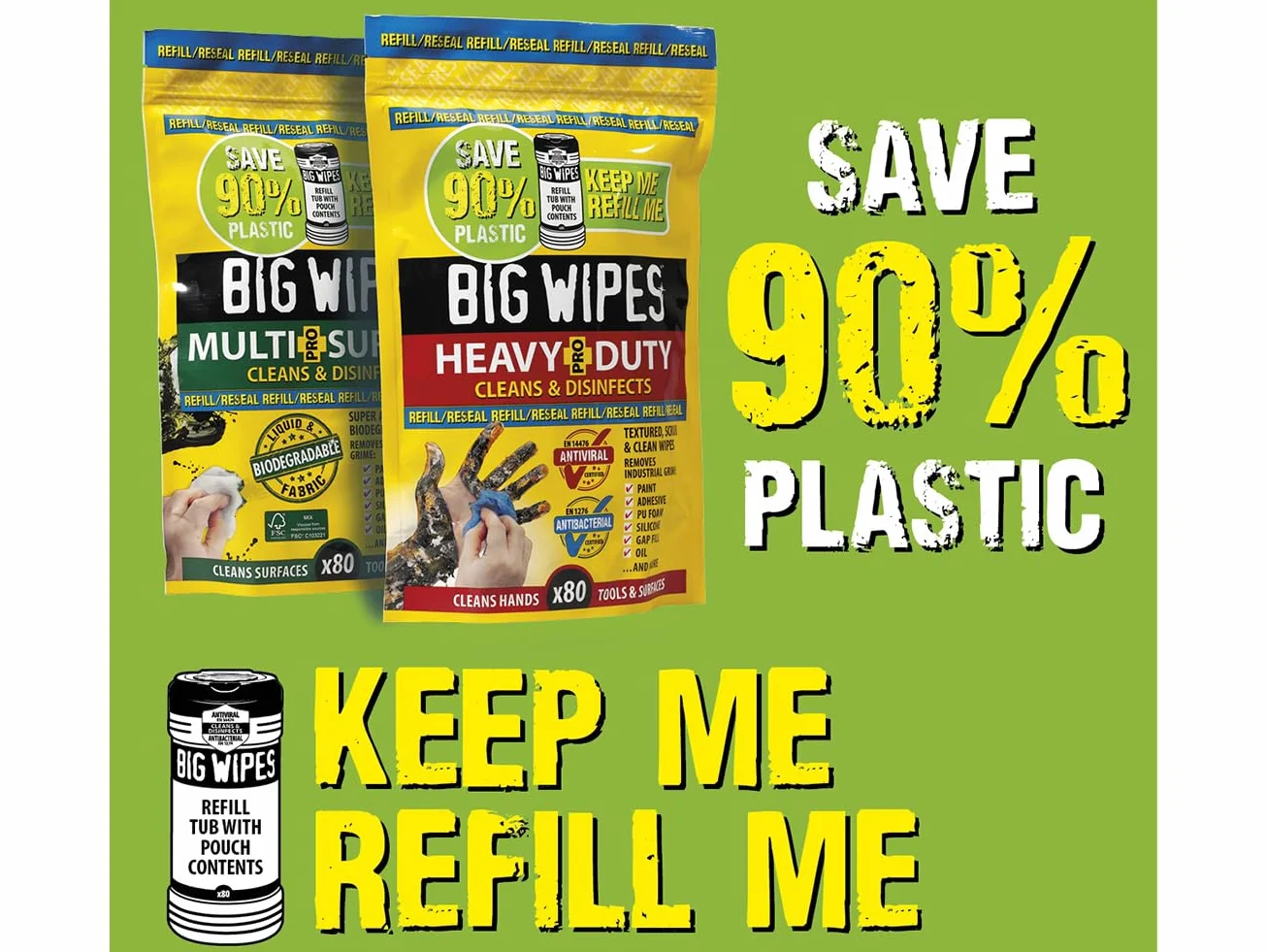 Big Wipes Wielopowierzchniowe chusteczki przemysłowe wkład 80 chusteczek. Używaj 90% mniej plastiku, biodegradowalnych profesjonalnych chusteczek, 4 rozpuszczalników biologicznych, chusteczek