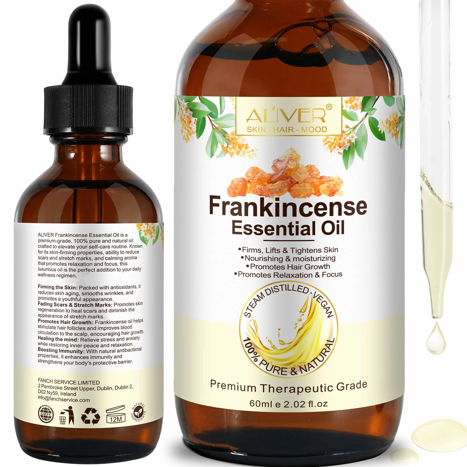 Olejek eteryczny z kadzidła, 60 ml, 100% czysty i naturalny olejek kadzidłowy, nadaje się do aromaterapii, masażu, pielęgnacji skóry, uspokaja umysł i ciało, redukuje stres