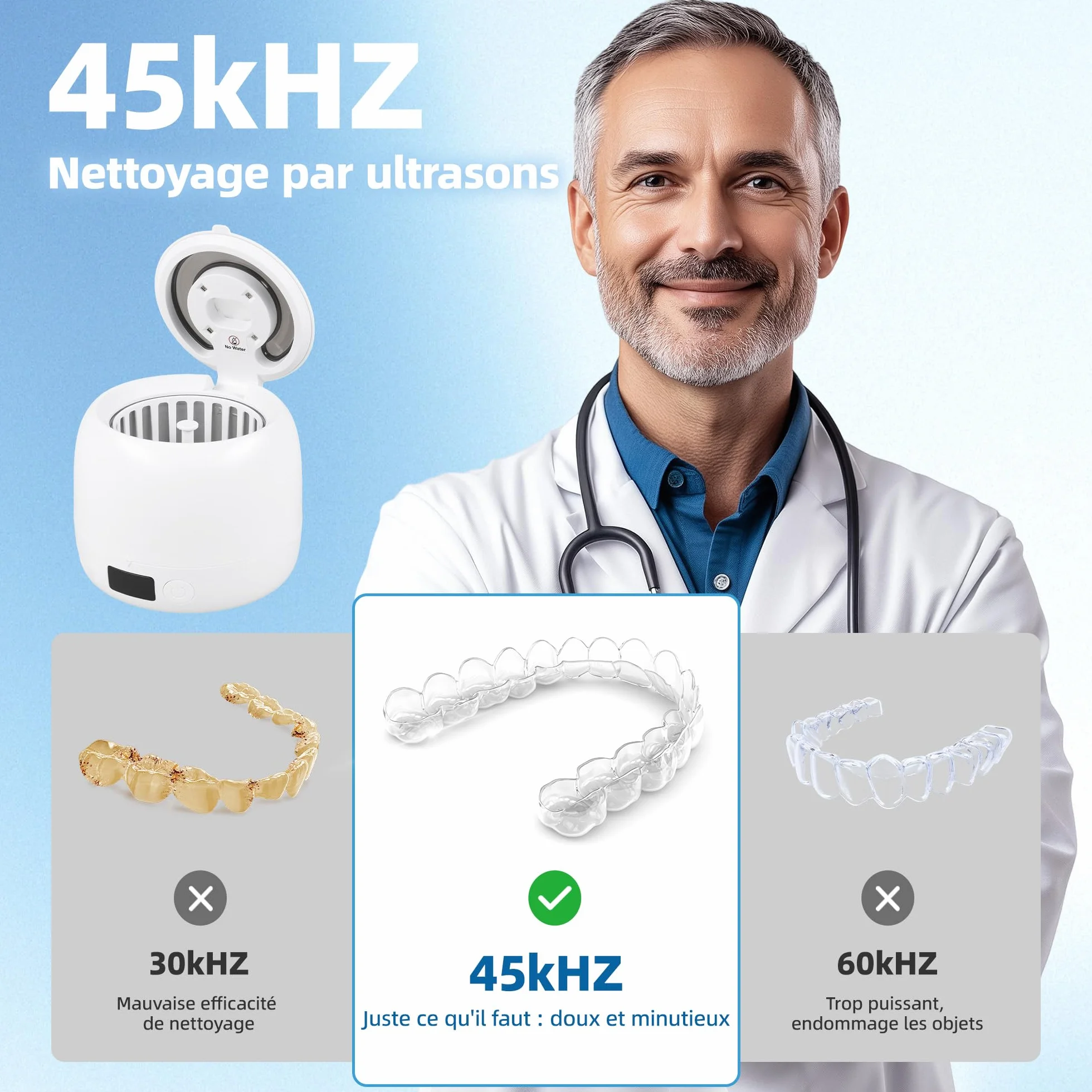 Carehabi Ultradźwiękowe urządzenie do czyszczenia szyn dentystycznych 45 kHz Dental Pod ze światłem UV 200 ml