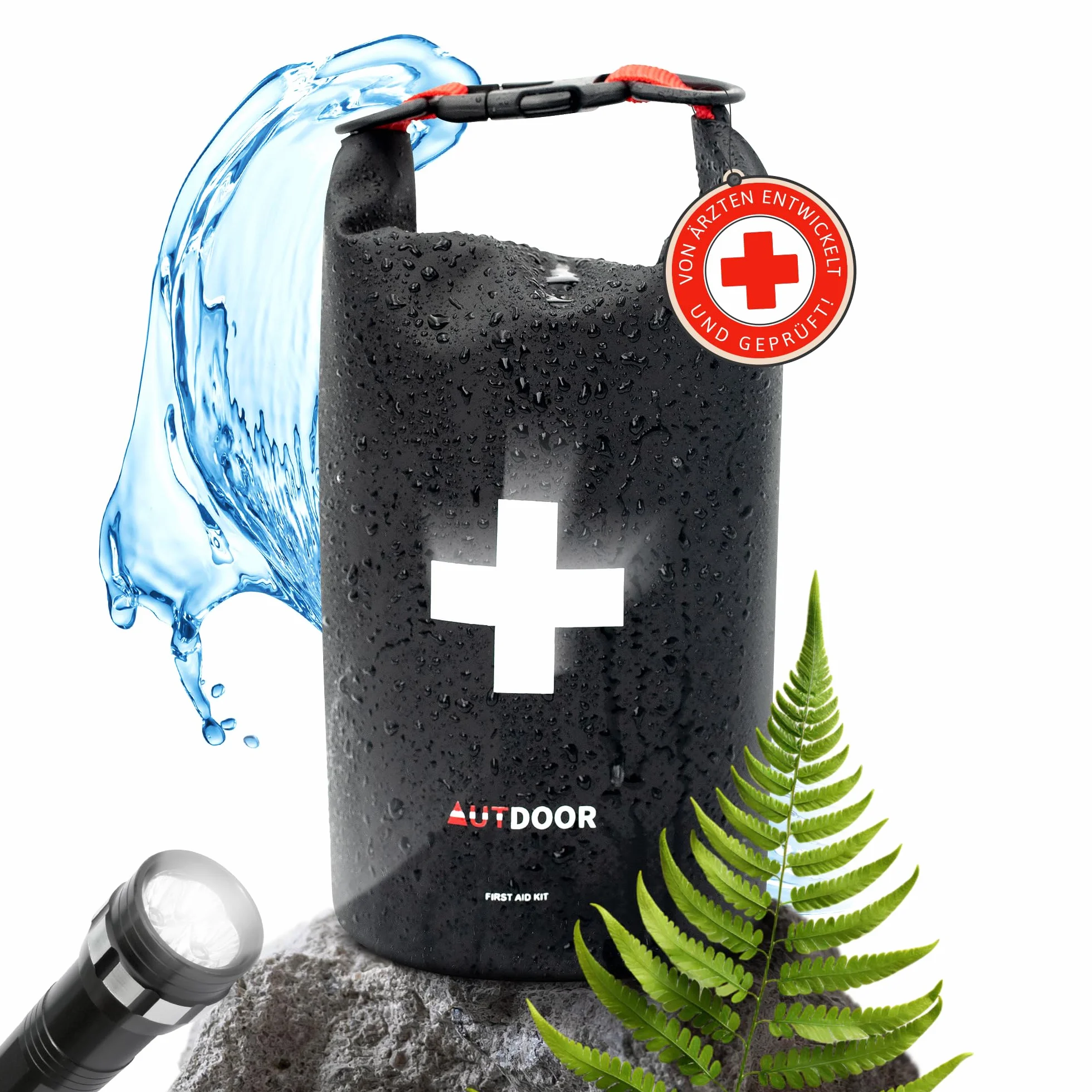 AUTDOOR® Zestaw pierwszej pomocy do użytku na zewnątrz – DIN13167 – wodoszczelny i lekki – opracowany przez lekarzy – apteczka na wędrówki, wspinaczkę, sporty wodne