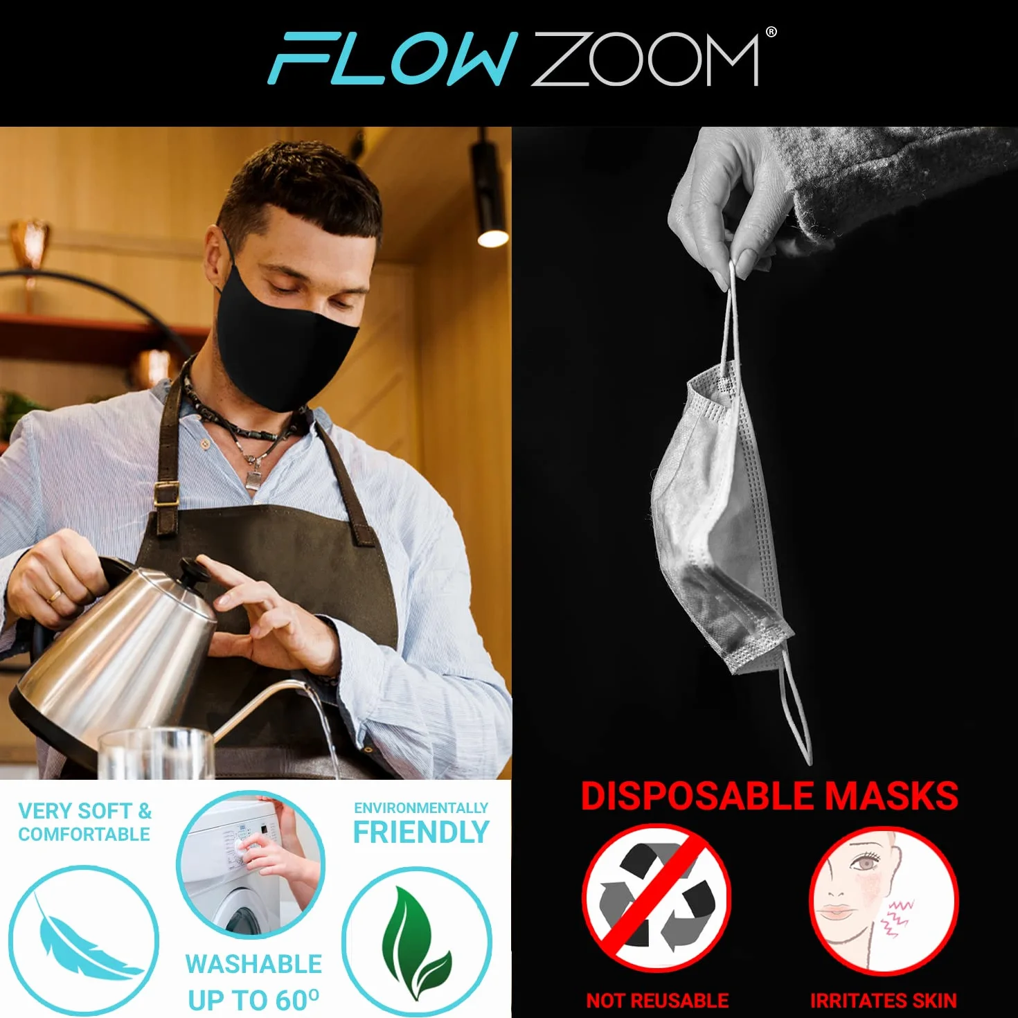 FLOWZOOM Zestaw 2 masek bawełna poliester 3-warstwowe z komorą na filtr PM2.5 regulowane zauszniki rozmiary L M