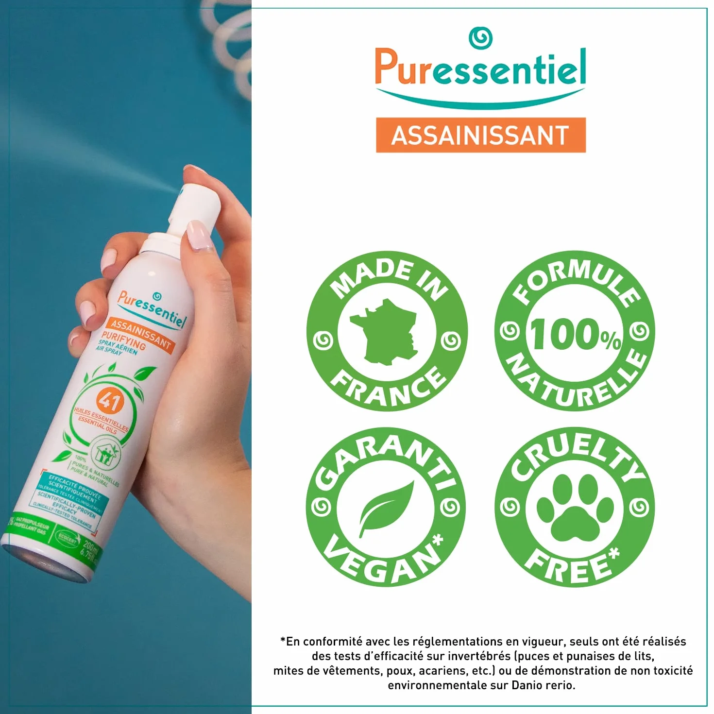 Puressentiel Spray oczyszczający powietrze 75 ml, 100% naturalny spray do pomieszczeń, odświeżacz powietrza, eliminator zapachów, organiczne olejki eteryczne, do domu, samochodu i biura, bez gazu