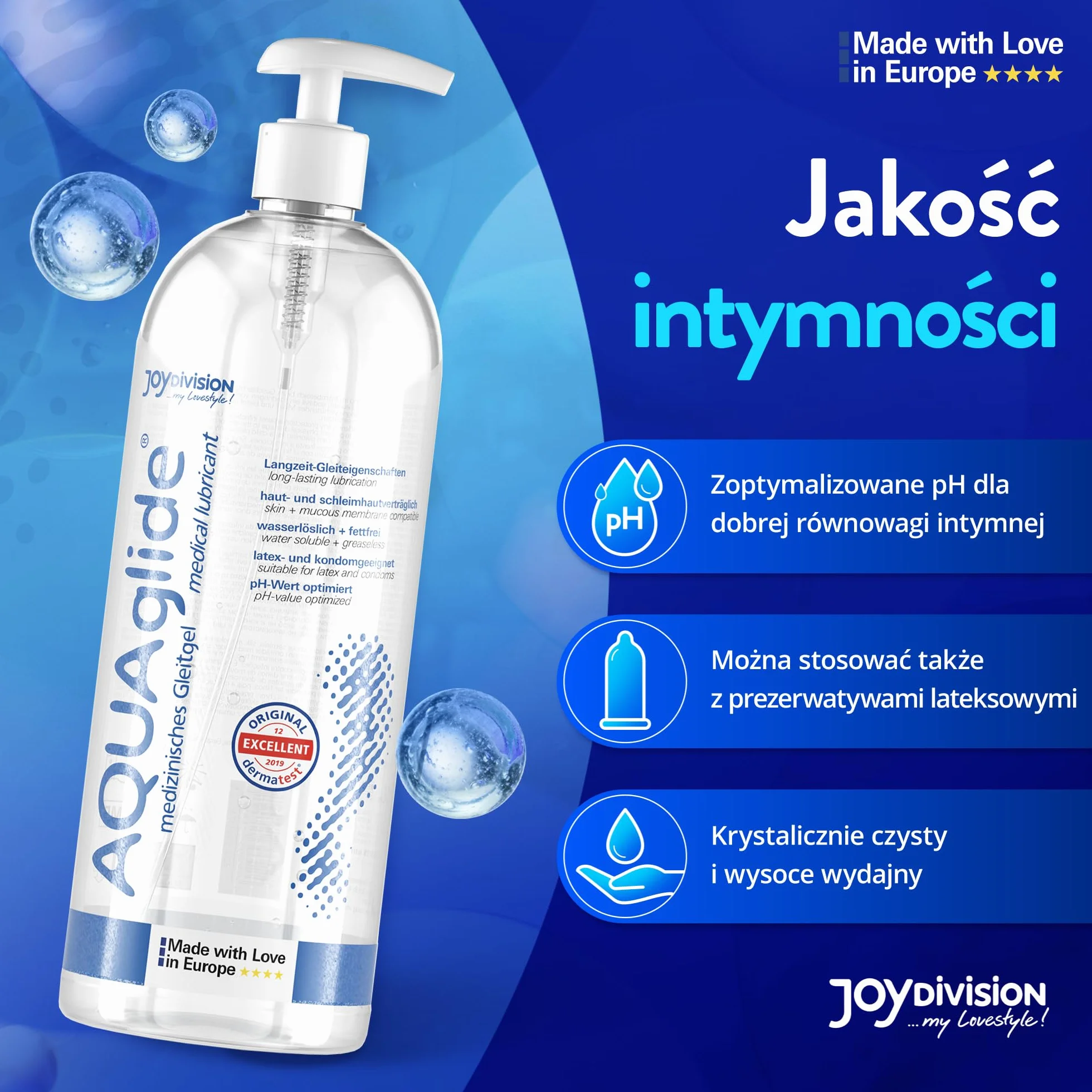 Joydivision Original AQUAglide 1000 ml naturalny lubrykant, krystalicznie czysty i wegański lubrykant, o zoptymalizowanym pH i kompatybilny z prezerwatywami lateksowymi